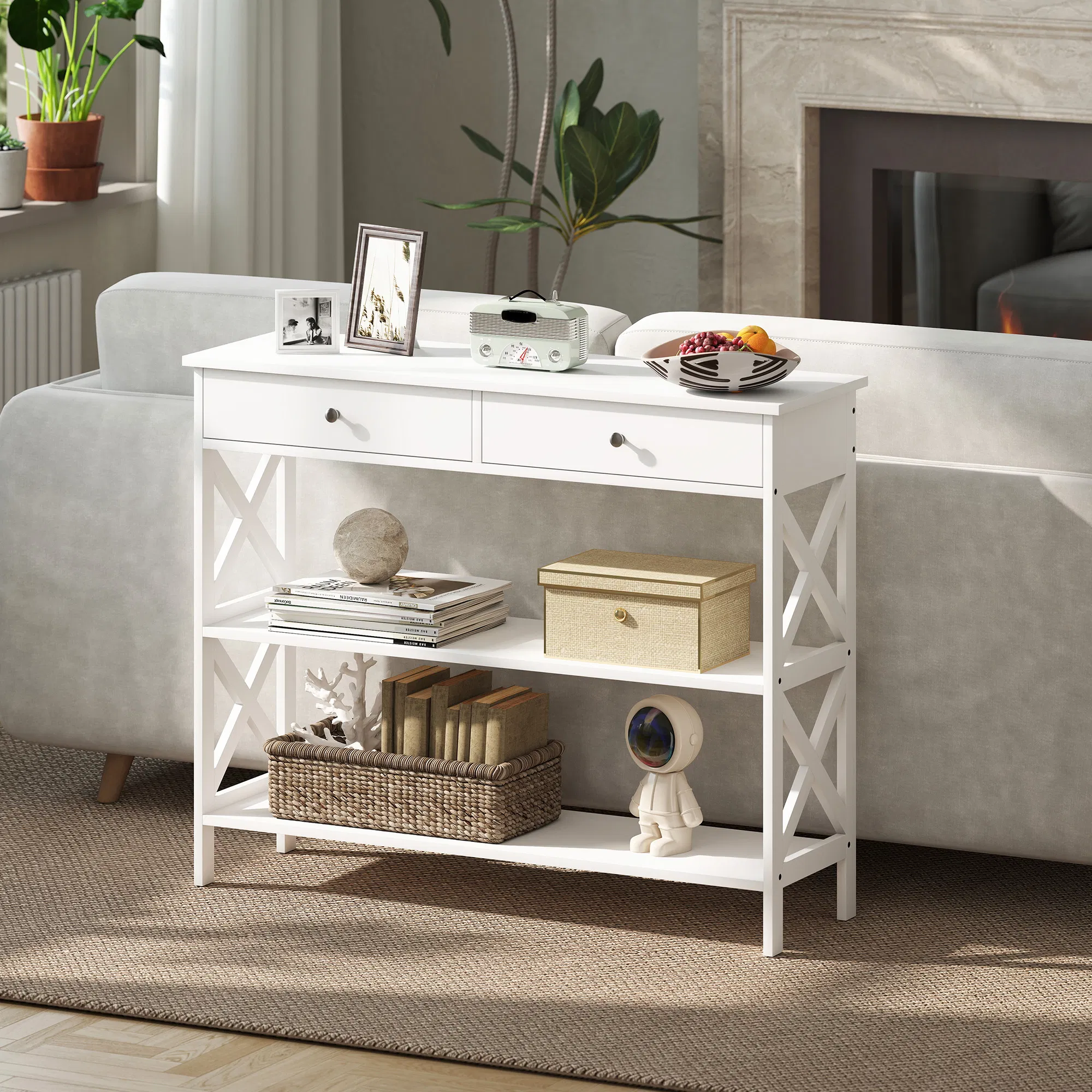 39" Console Table, Narrow Entryway Table with Storage Shelves, Drawers and X Frame for Behind Couch, Living Room, Hallway, White photo 3