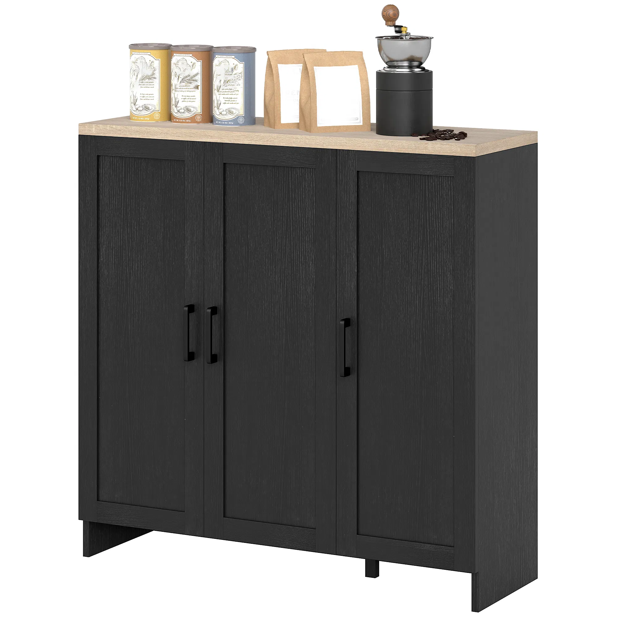Modern Sideboard Buffet Cabinet, Modern Kitchen Storage Cabinet with 3 Doors Adjustable Shelves, for Dining Room, Black photo 1
