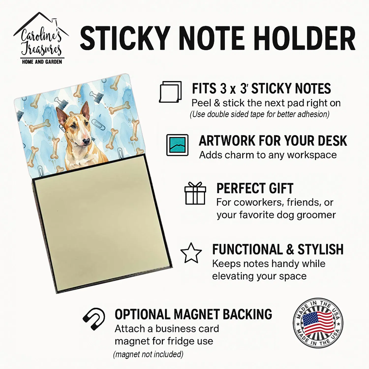 Miniature Bull Terrier Coworker Watercolor Sticky Note Holder Refillable Dispenser Desk Accessory 3x3 Pad Gift photo 2