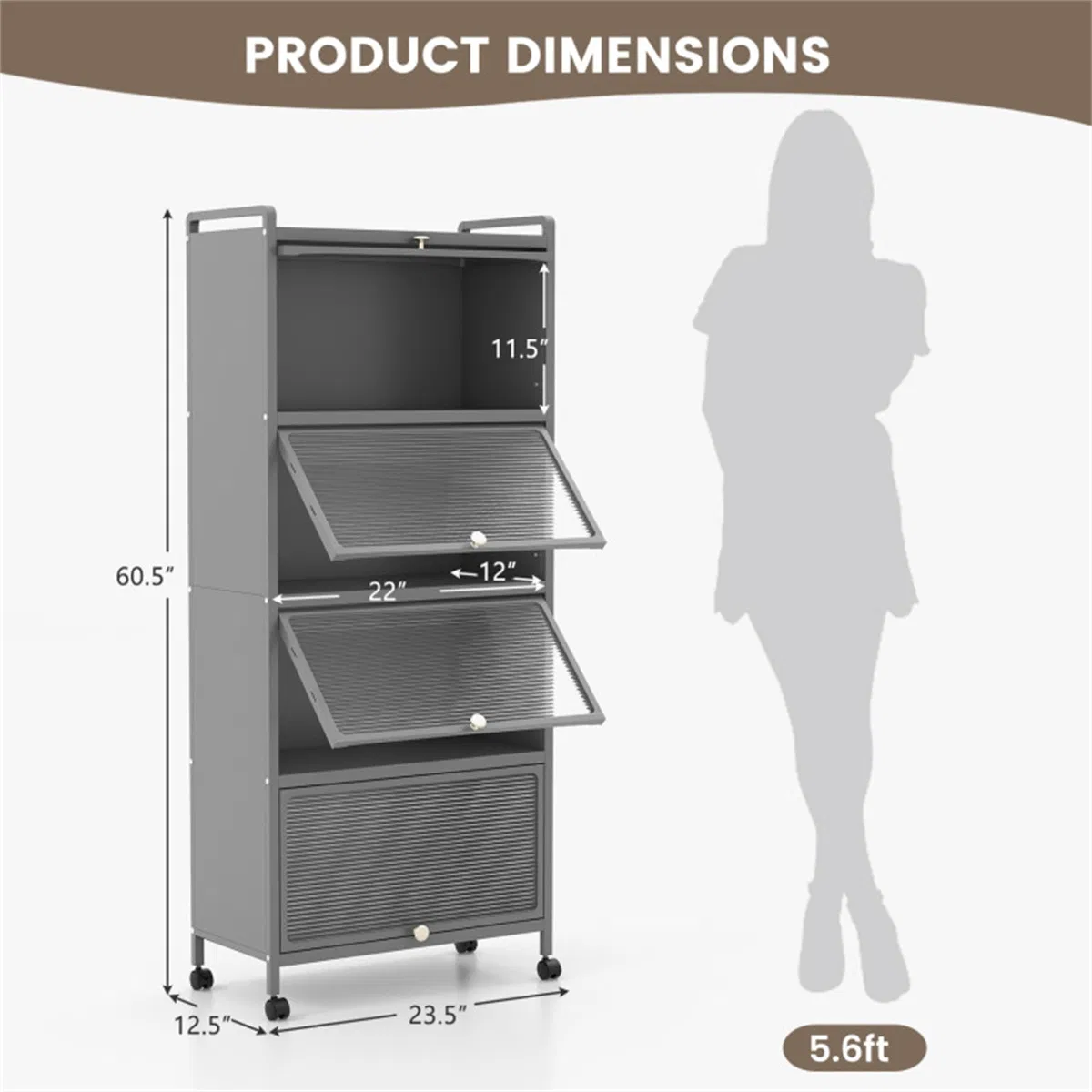 5-Tier Rolling Microwave Stand Flip Dust-Proof Doors 4 Casters with Brakes Kitchen Storage Rack Gray photo 2