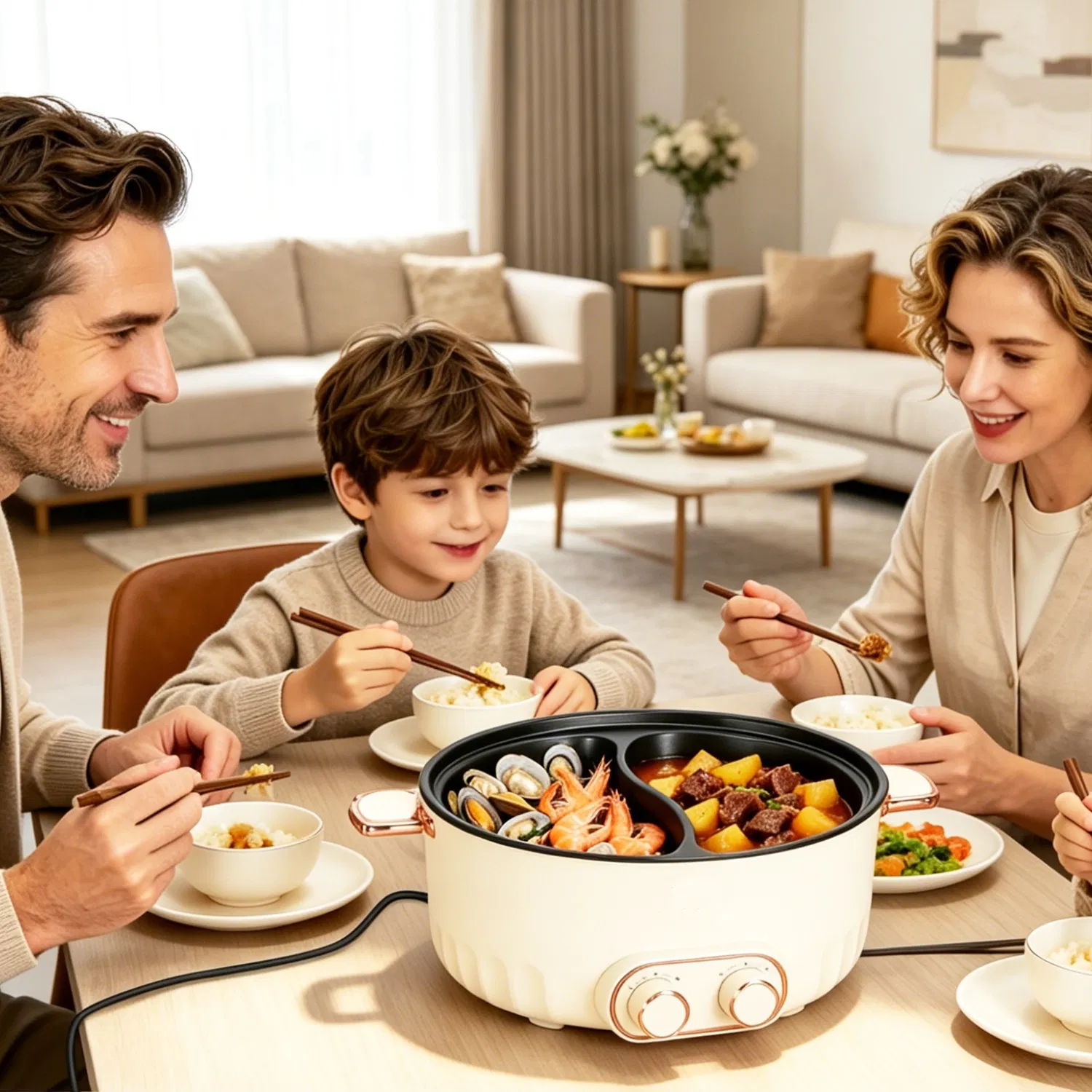 6 Liter Dual-Flavor Electric Shabu Shabu Hot Pot for 3-6 Guests, Non-Stick Coating Stainless Steel Hot Pot with Transparent Steam Vent Lid, Cool Wide Handles & Raised Stable Base for Home Dinner Party photo 6