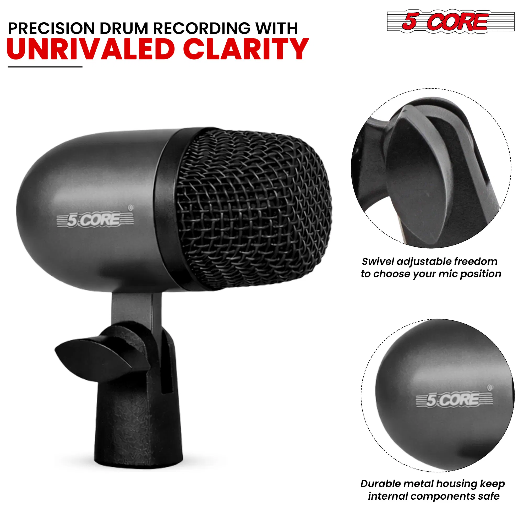 5 Core Drum Mic High Sensitivity Snare Tom Instrument Microphone with Dynamic Moving Coil Uni-Directional Pick Up Pattern Swivel Mount Durable Steel Mesh Grille photo 2