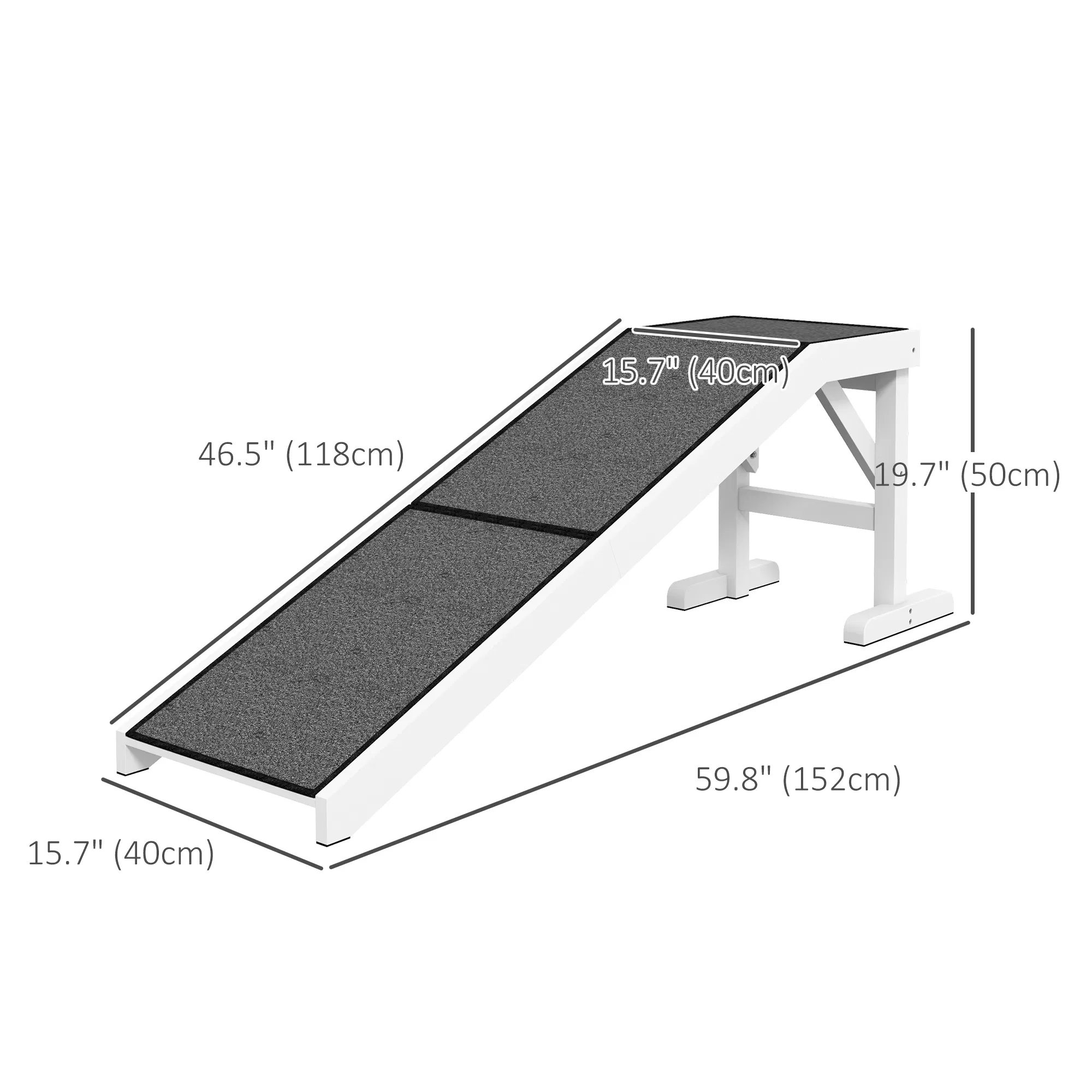 Pet Ramp Bed Steps for Dogs Cats Non-slip Carpet Top Platform Pine Wood 59"L x 16"W x 20"H White photo 3