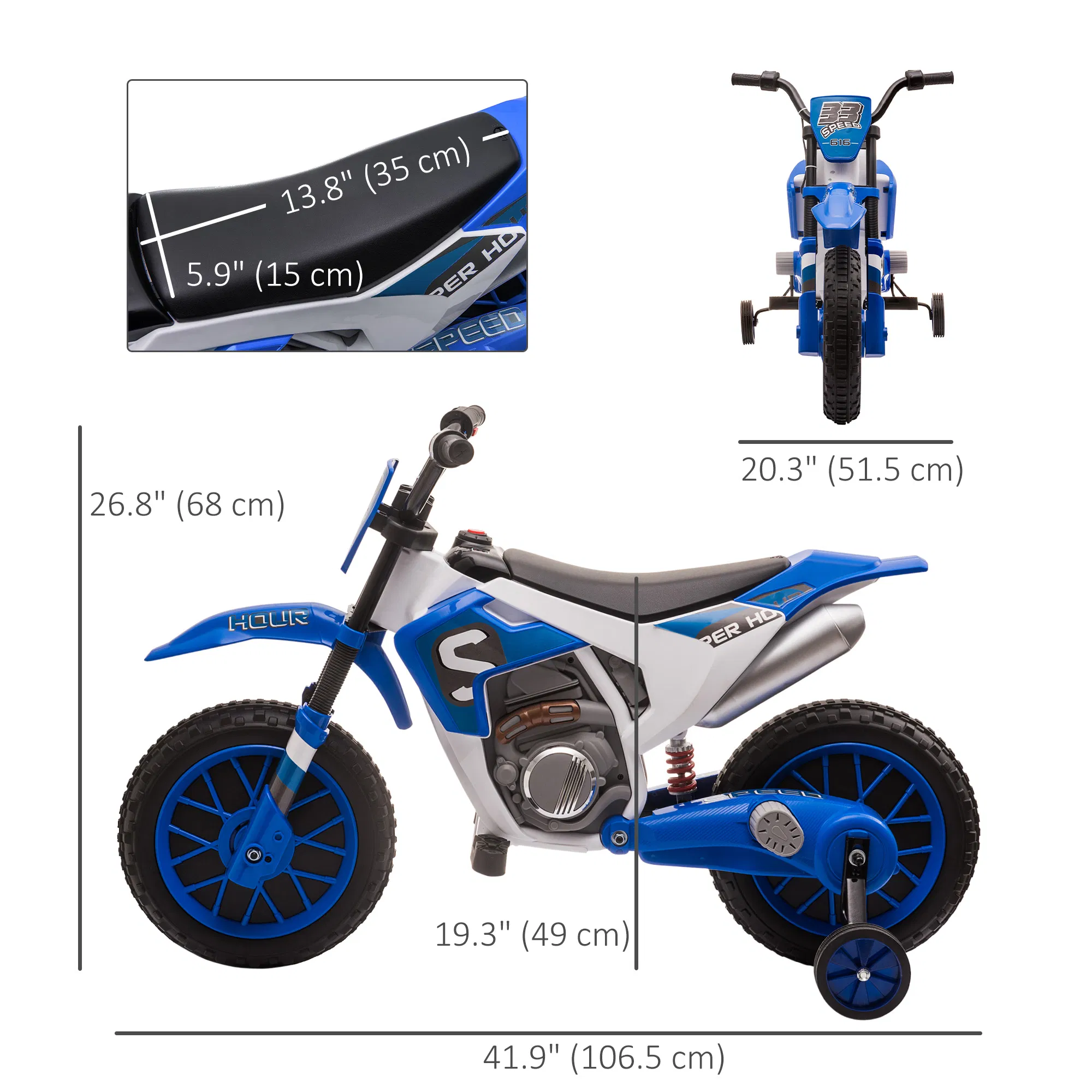 Kids Dirt Bike Battery-Powered Ride-On Electric Motorcycle with Charging 12V Battery, Training Wheels Blue photo 5