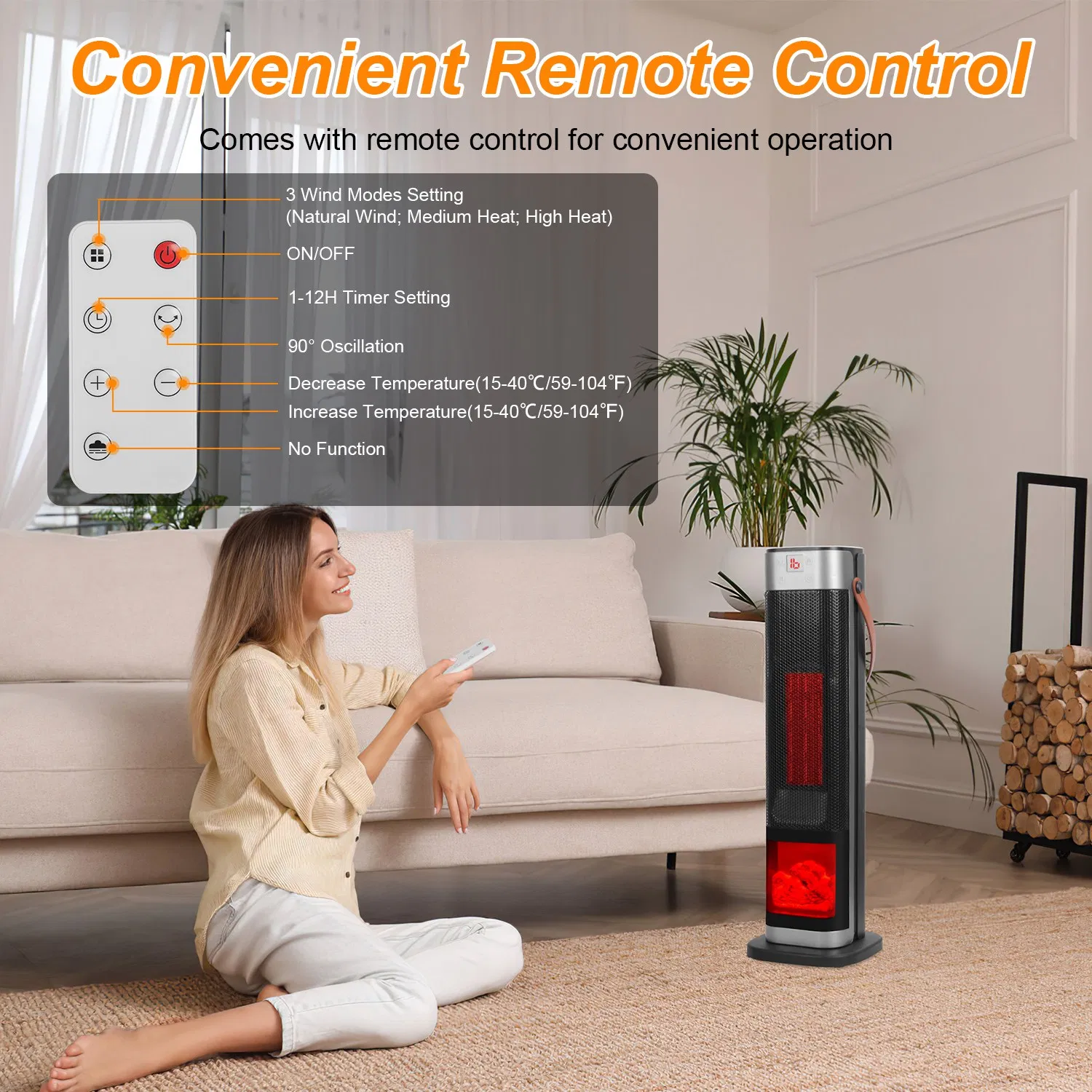 Portable 1500W Space Heater with Fireplace,90° Oscillating PTC Ceramic, Adjustable Thermostat Tower Heater,Overheating and Tip-Over Protection Fast Heating,Remote for Indoor photo 2