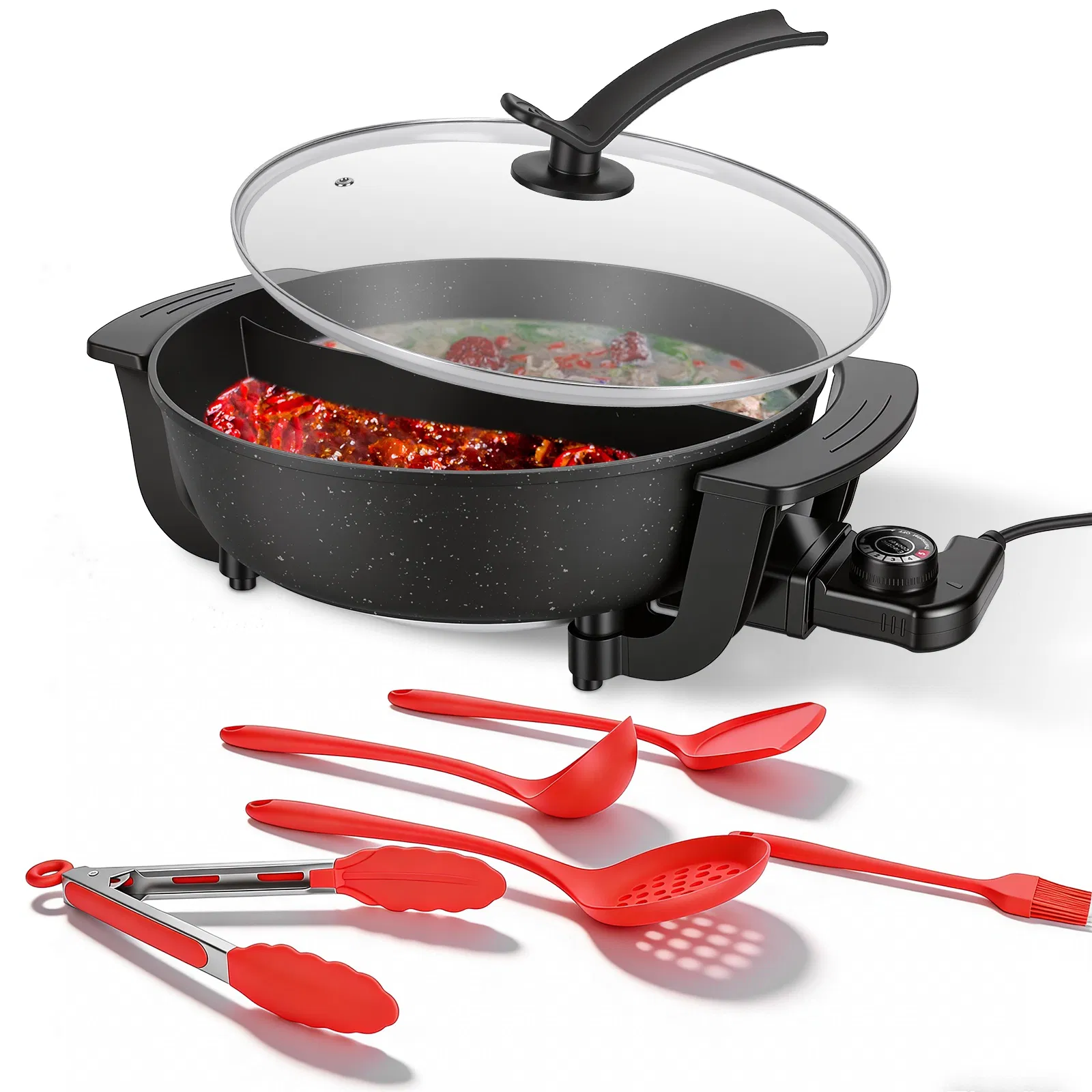 6L Electric Hot Pot with Divider 1100W Dual-Flavor Pot Shabu Shabu Pot Non-Stick with 5-Temp Control for Shabu Shabu Fondue Perfect for Family Gatherings & Parties photo 2