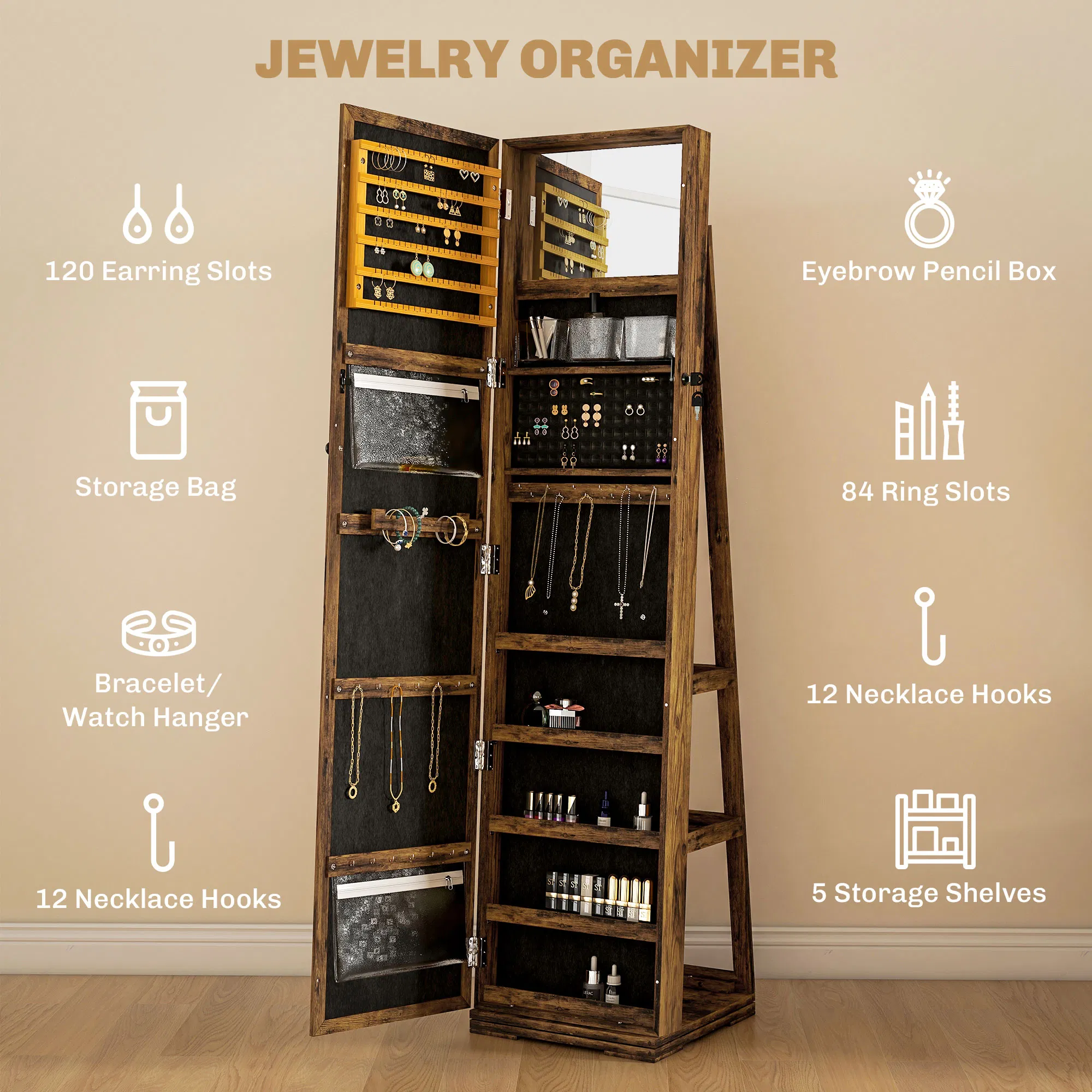 Swivel Jewelry Armoire, Lockable Mirror Jewelry Cabinet with Built-In Small Mirror, Rustic Brown photo 6