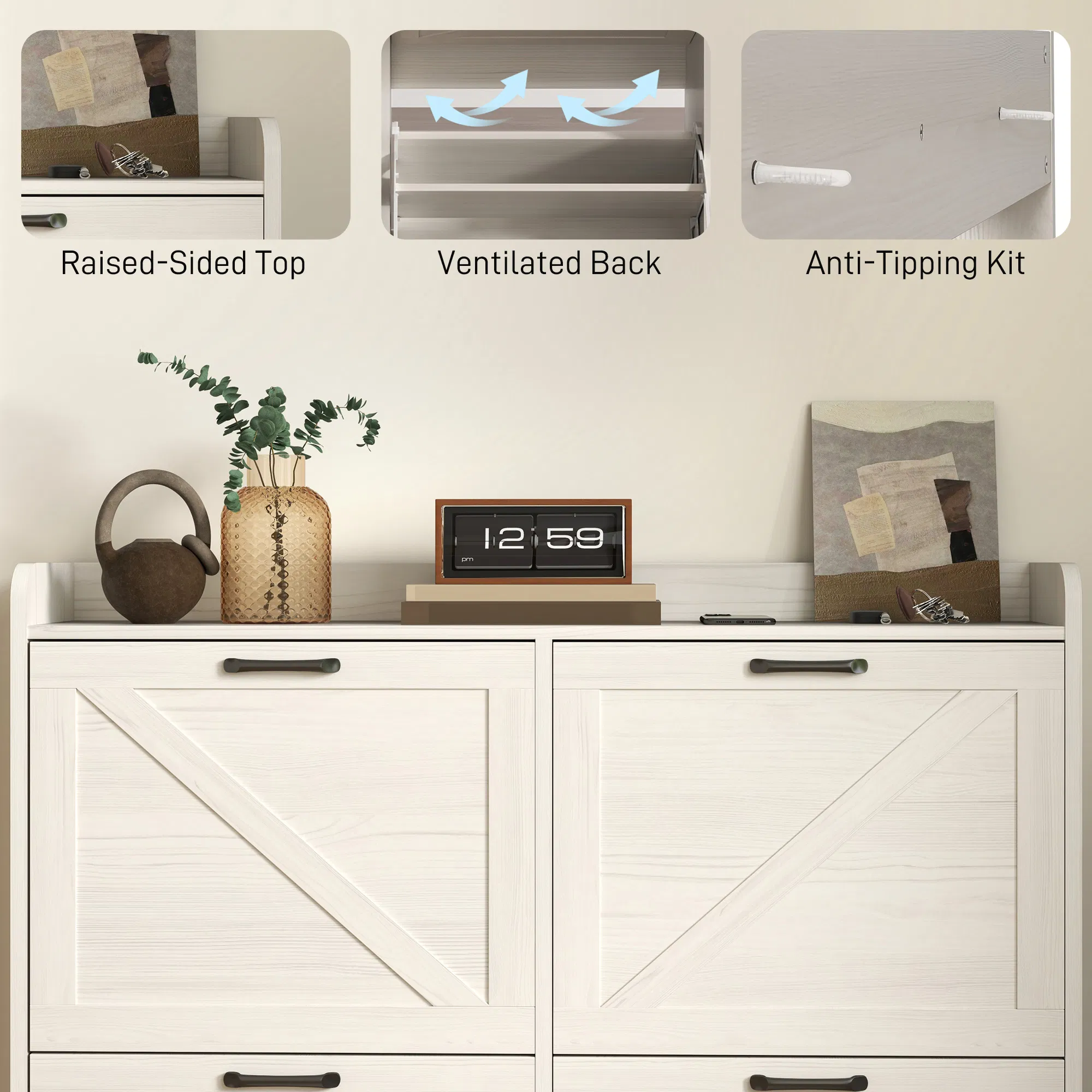 Narrow Shoe Storage Cabinet with 4 Flip Drawers, Adjustable Shelves, 16 Pair Farmhouse Shoe Cabinet, White Oak photo 3