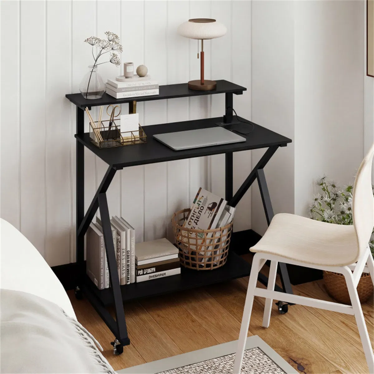 Black Rolling Computer Desk with Power Strip 32" Mobile Office Desk with Monitor Stand photo 5