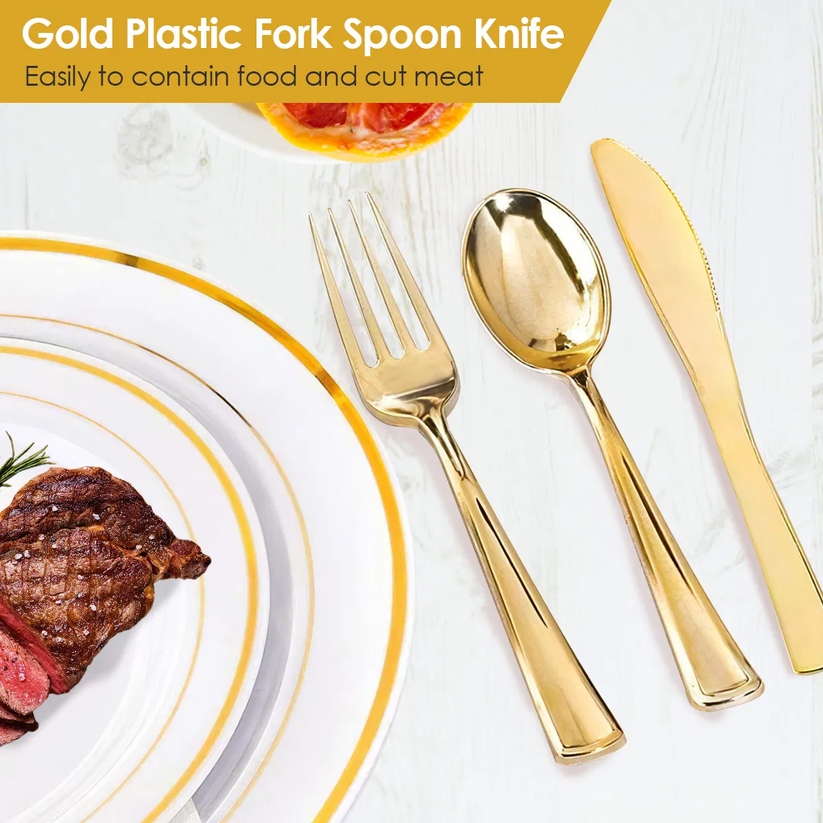 175PCS Disposable Gold Rim Dinnerware Set for 25 Guests - Premium Plastic Plates Cups Cutlery Napkins, Perfect for Wedding Birthday Halloween Christmas Catering Events photo 3