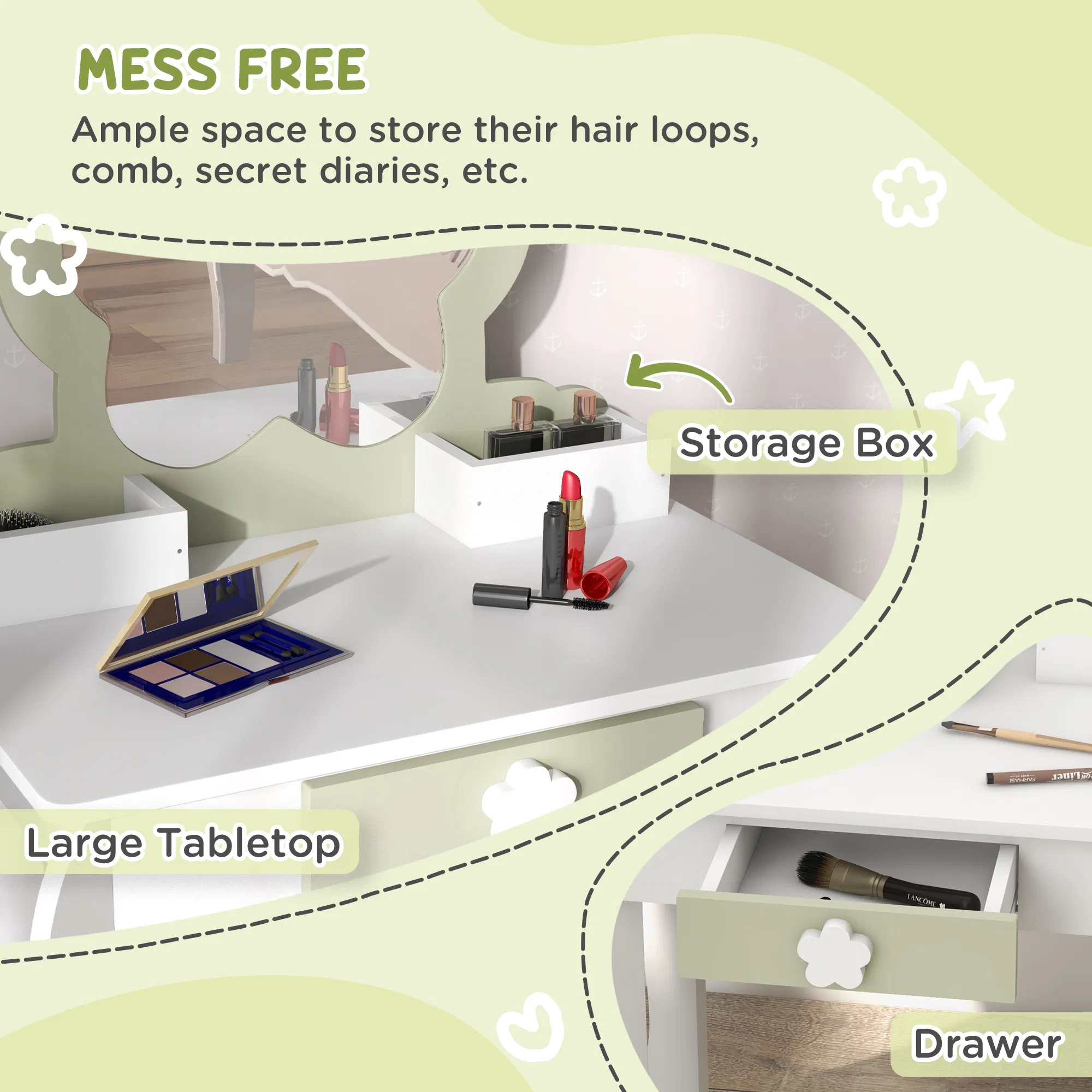 Kids Makeup Vanity Set with Stool, Mirror, Drawer, Storage Boxes, White photo 2