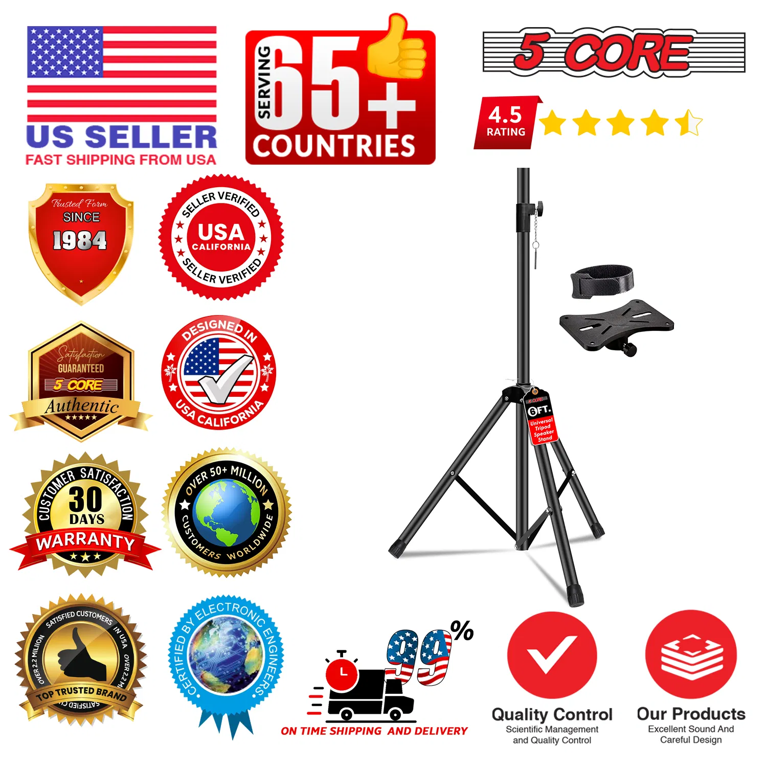 5 Core Speaker Stand Tripod Floor Heavy Duty Adjustable Up to 72 Inch DJ Studio Monitor Stands Pole Mount photo 7