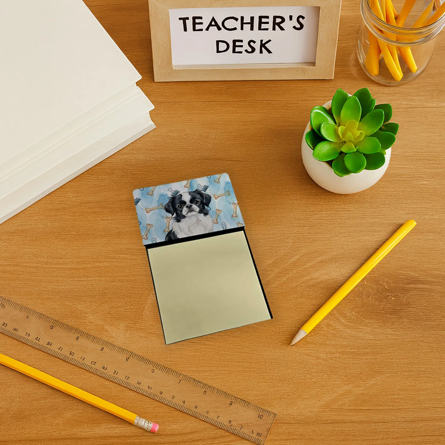 Black and White Japanese Chin Coworker Watercolor Sticky Note Holder Refillable Dispenser Desk Accessory 3x3 Pad Gift photo 4