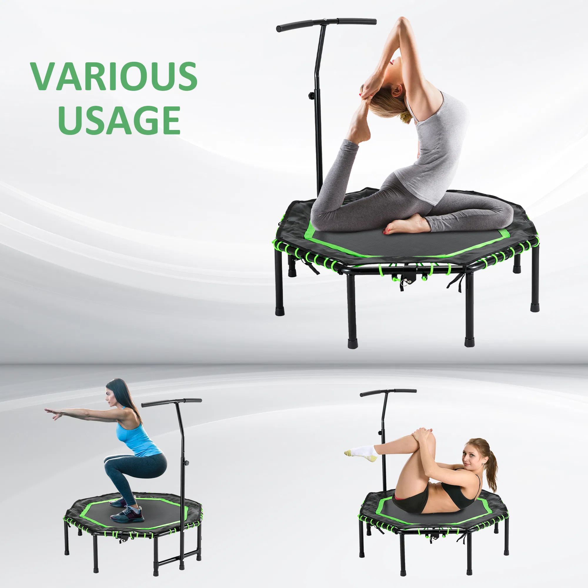 48" Mini Trampoline, Foldable Trampoline with Adjustable Handle Bar for Adults Exercise, Workout, Fitness, Green photo 2