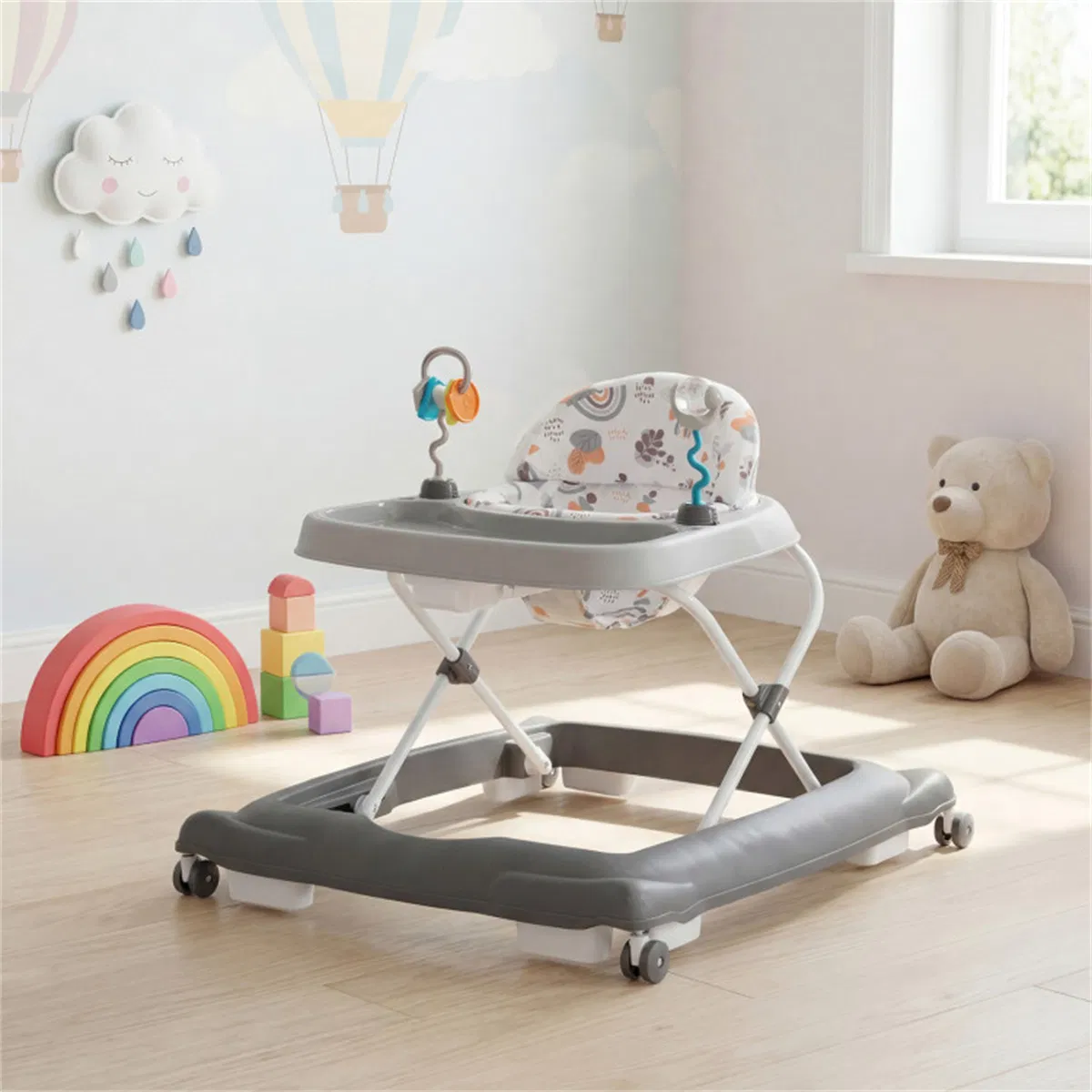 Grey Foldable Baby Walker with Detachable Tray & Shape Sorter Toys, 3-Level Height Adjustable for 6-12 Months photo 6