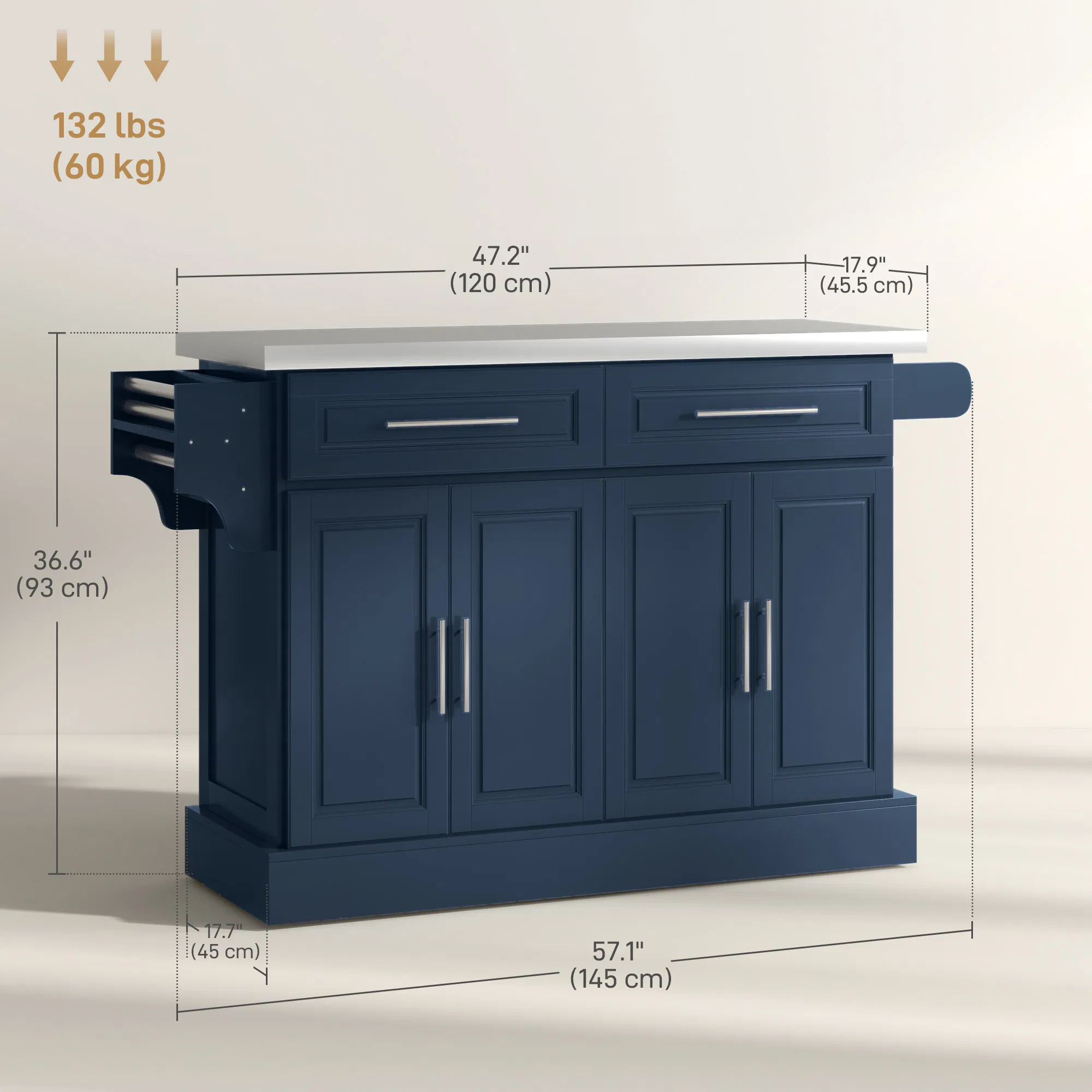Rolling Kitchen Island with Storage and Stainless Steel Top, Kitchen Trolley with Drawers, Cabinets, Towel Rack, Blue photo 3