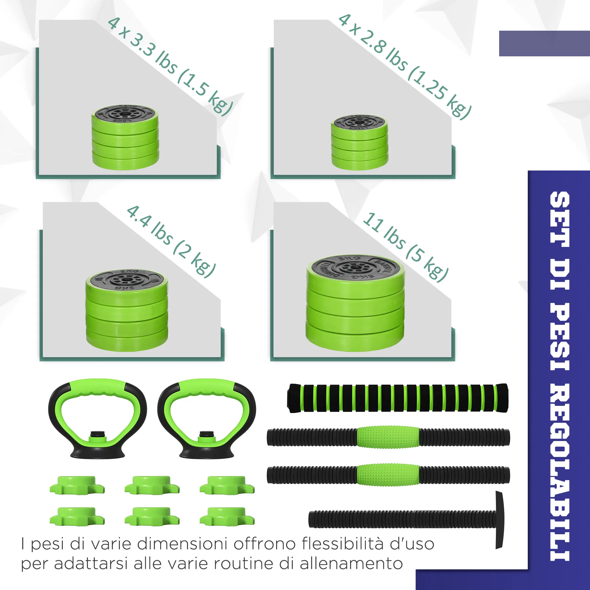 88lbs 4-in-1 Adjustable Weight Dumbbell Set, Barbell, Kettlebell, Push Up Stand, Green photo 5