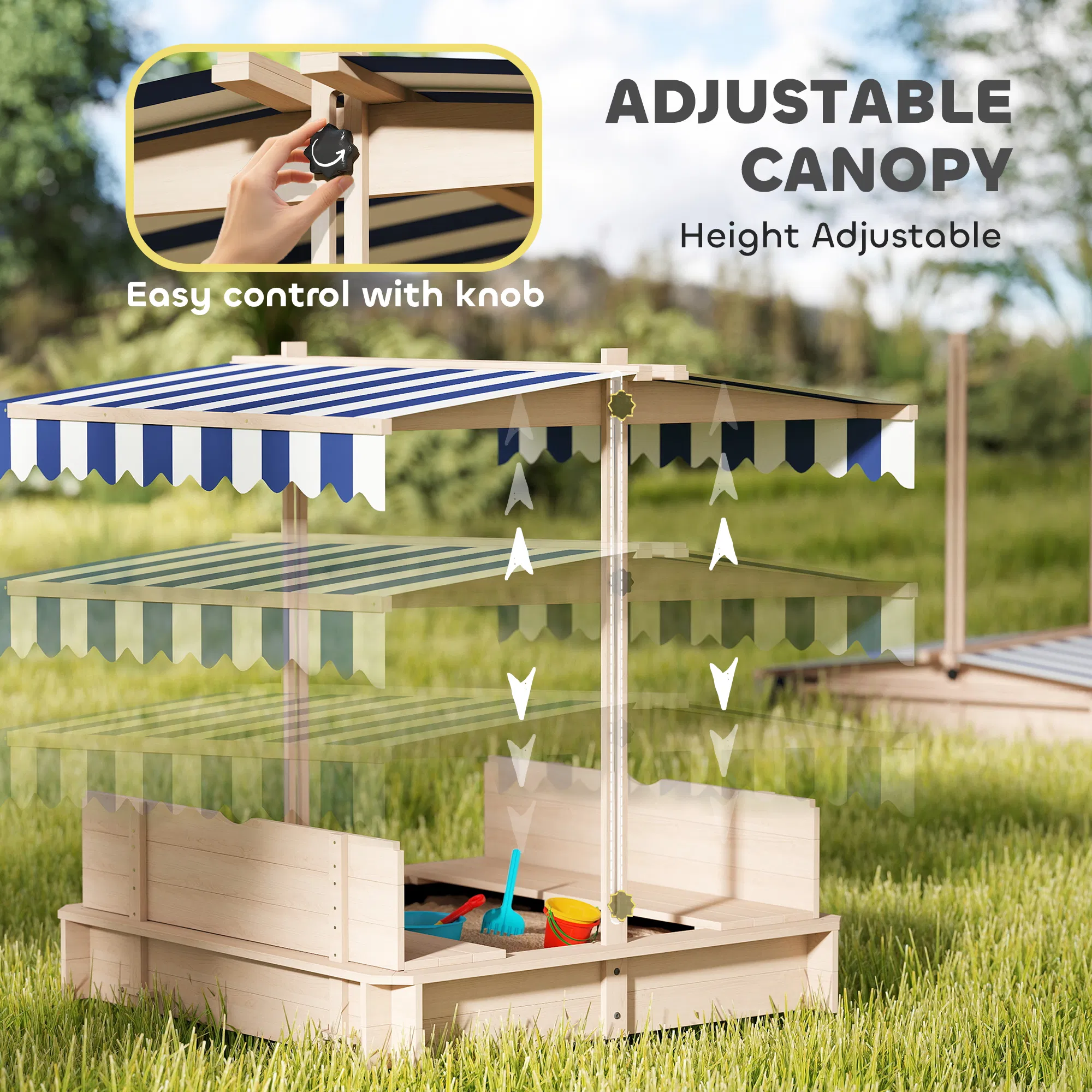 Kids Wooden Sandbox Outdoor Backyard Playset Children Play Station w/ Adjustable Canopy & Convertible Bench Sand for 3-7 Years Old photo 6