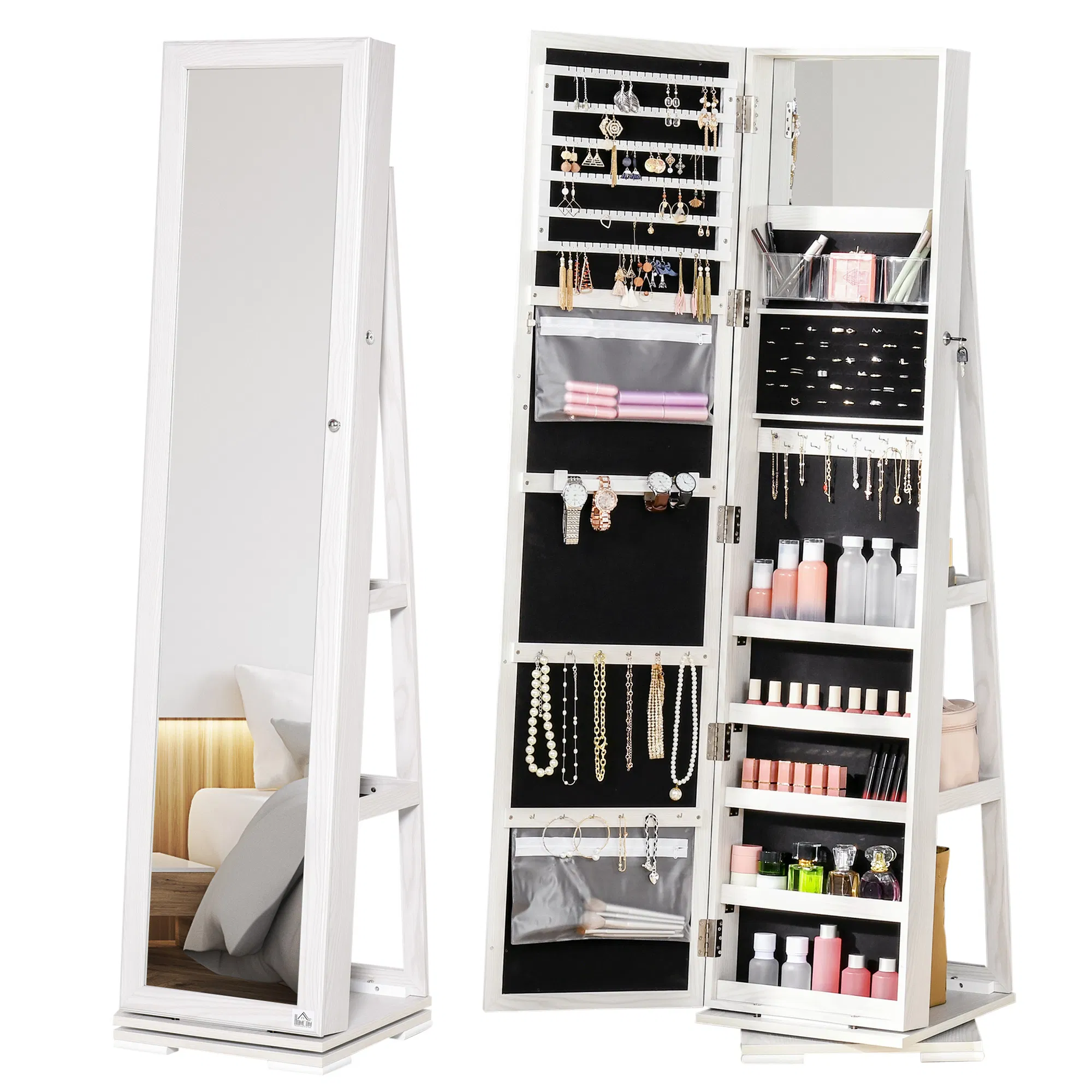 360 Swivel Jewelry Cabinet with Full Length Mirror Lockable Organizer White photo 1