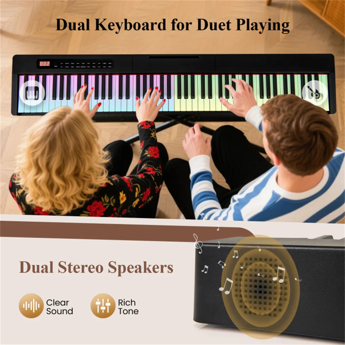 88-Key Velocity-Sensitive Digital Piano, 124.46×24.13×6.35 cm French DREAM Audio Source Keyboard with Split Function for Duet Playing, Black photo 8