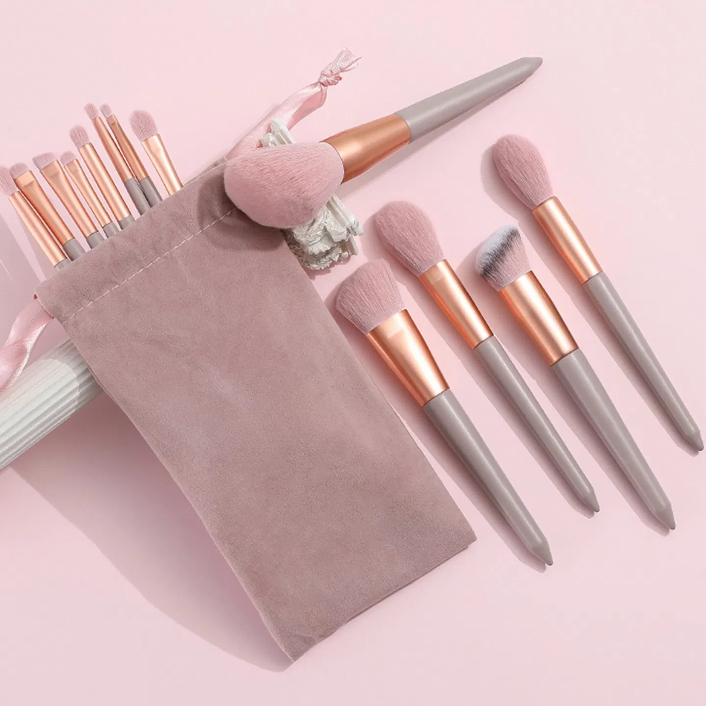 13-piece pink makeup brush set, complete for face and eye application, soft bristles for smooth powder pickup, comes with a velvet storage pouch photo 3