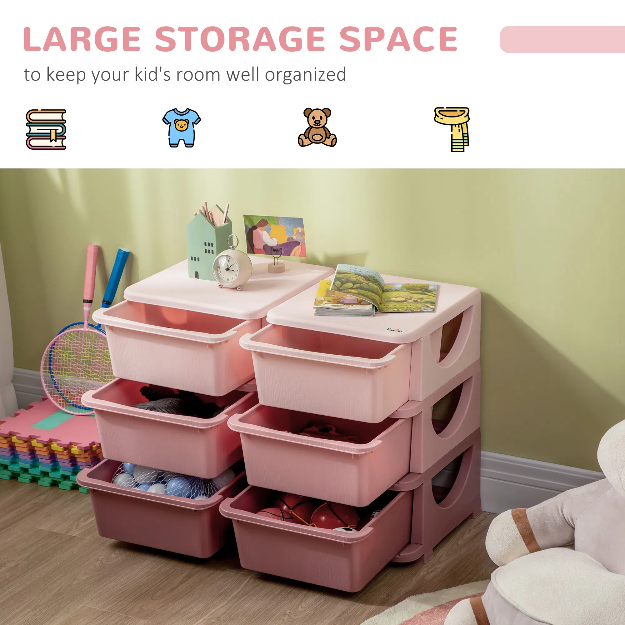 3 Tier Kids Toy Organizer and Storage Bins with 6 Plastic Drawers, Pink photo 5