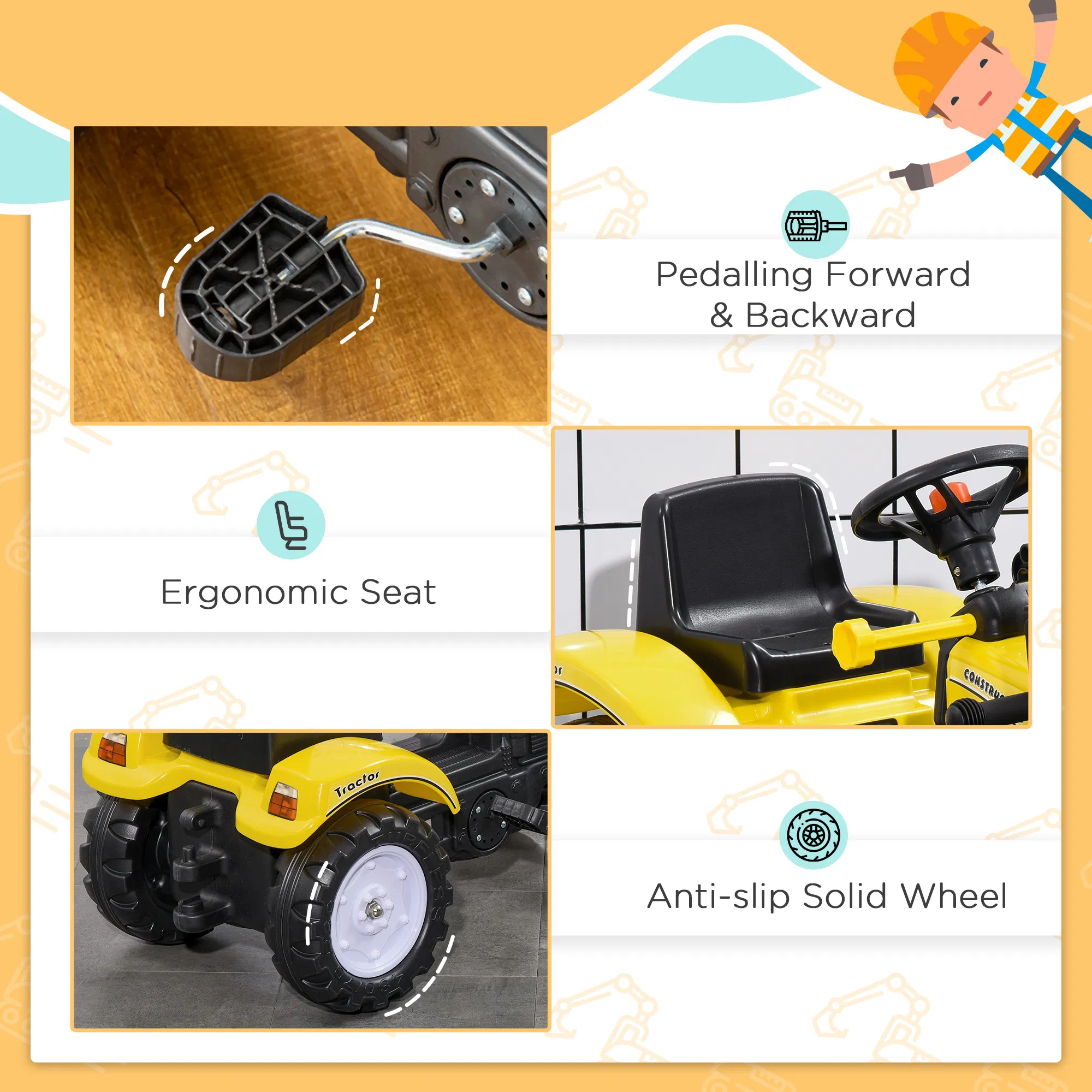 Ride on Tractor for Kids, Pedal Construction Car with Front Loader Digger for 3 Year Old, Yellow photo 6