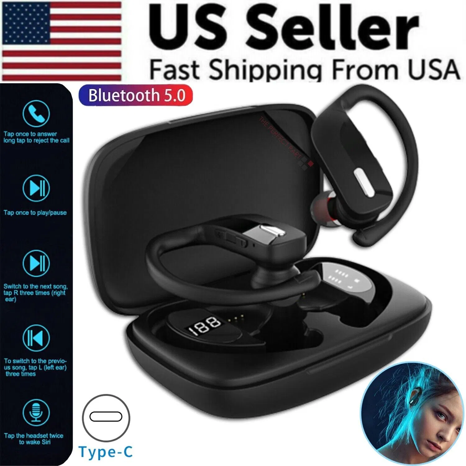 Bluetooth Headset TWS 5.0 Wireless Earphones Earbuds Headphones Stereo Ear Hook photo 1