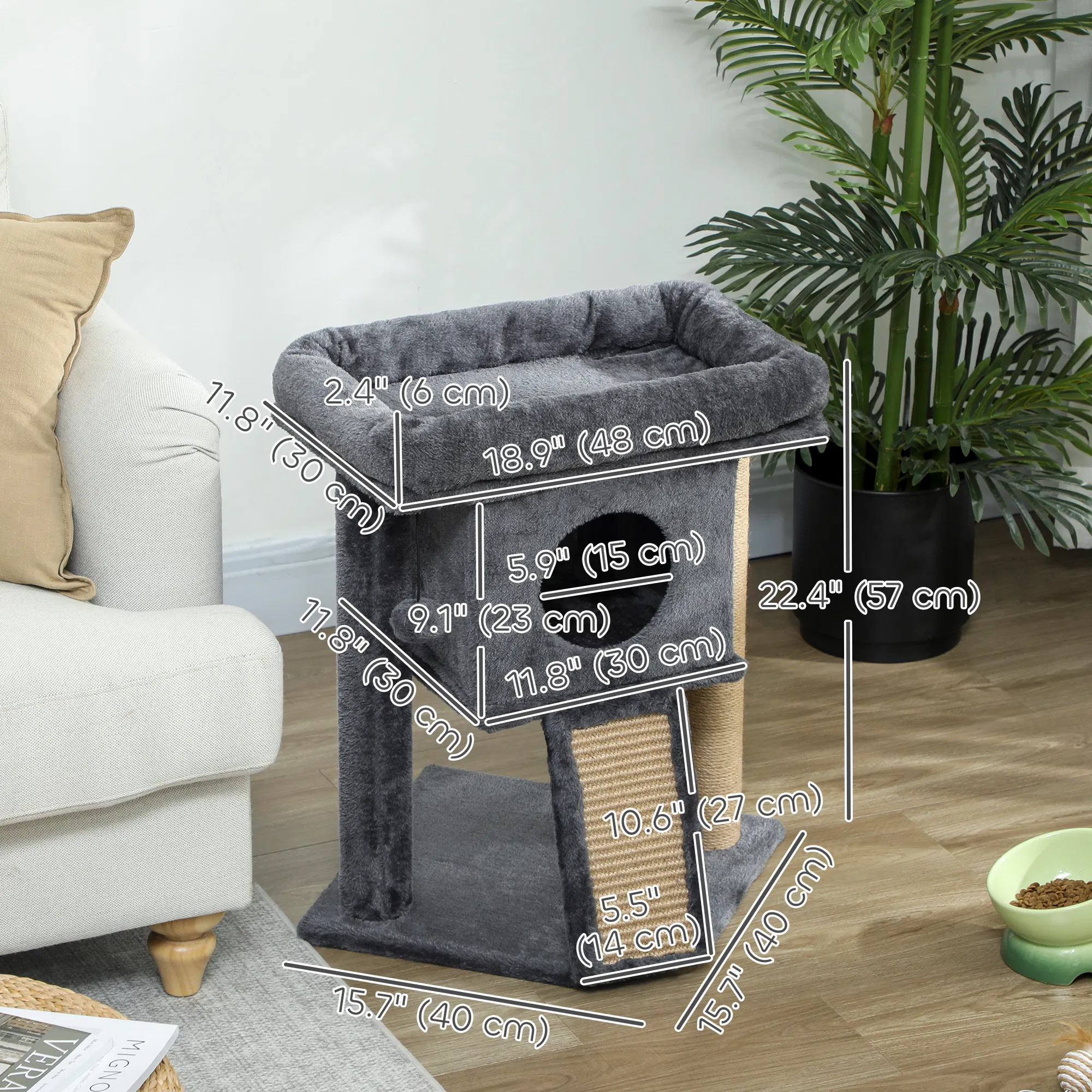 Cat Tree, Small Cat Tower with Perch, Scratching Post, Cat Condo, Toy Ball for Kitty, Indoor Use, Dark Grey photo 2