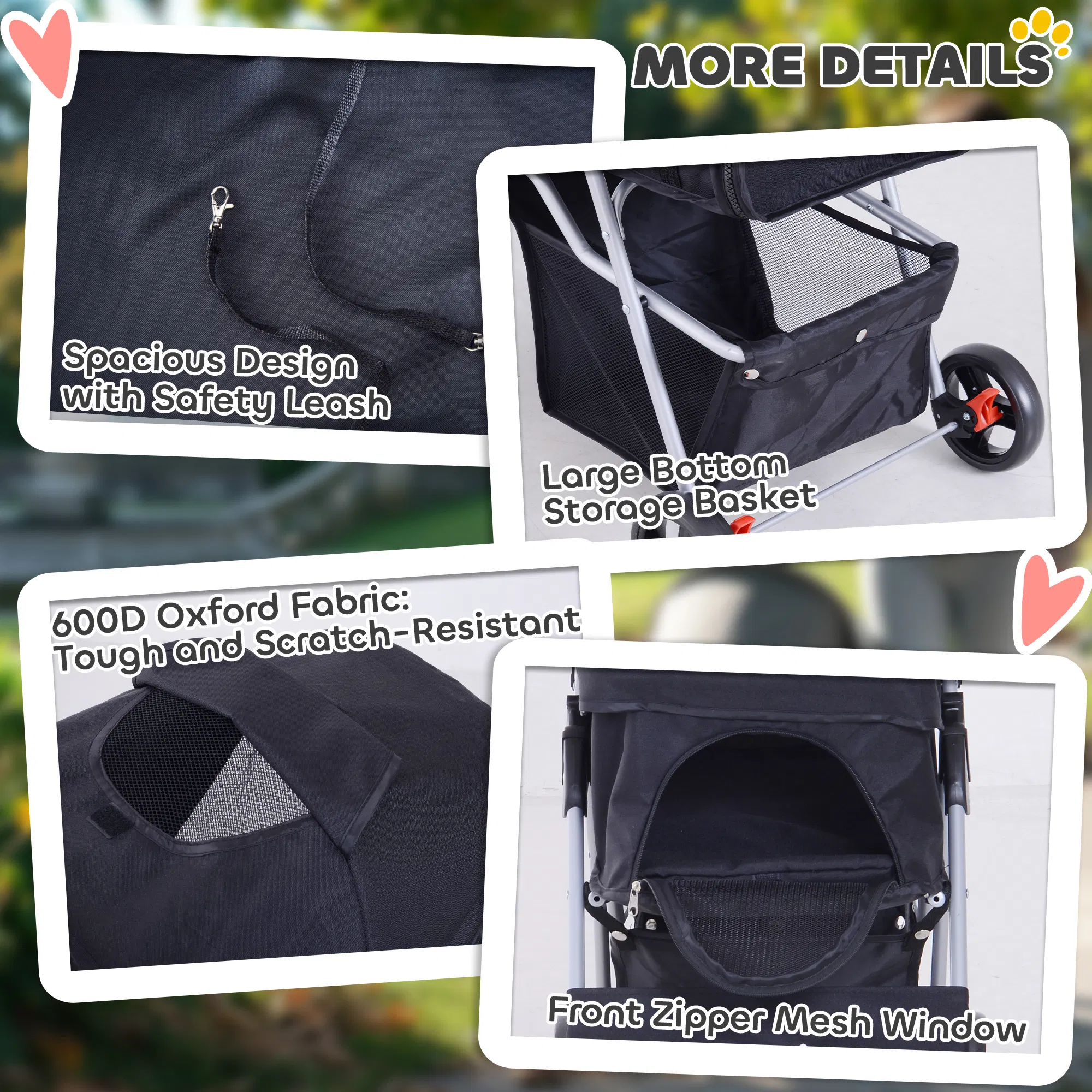 Dog Stroller, One-click Folding Pet Stroller with Cup Holder, 4 Wheels Travel Carrier w/ Brakes, 360° Swiveling Front Wheels, Storage Basket, for XS/Small Dogs Cats, Black photo 6