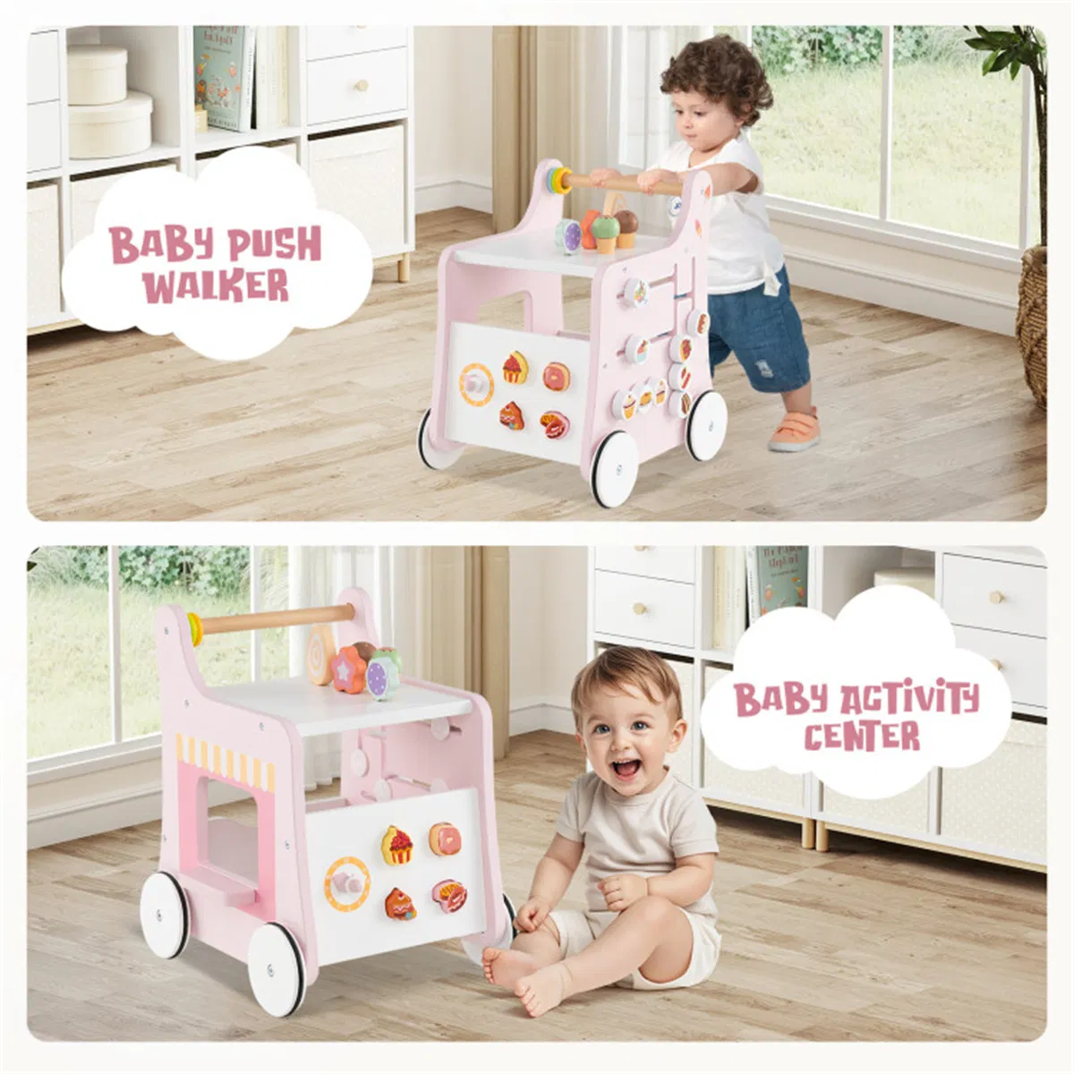 2-in-1 Baby Walker with 8 Fun Activities (Dessert Sorter/Adjustable Clock/Maze) + Side Shop Window (Role Play)-Pink photo 4