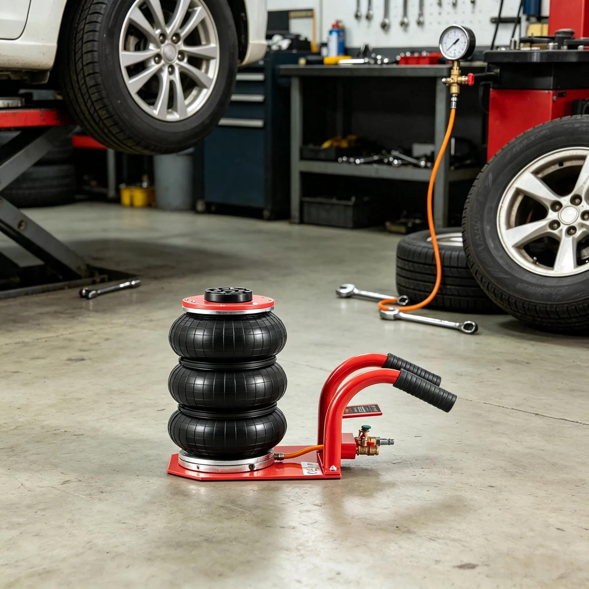 3 Ton/6600 lbs Triple Bag Air Jack with Six Steel Pipes, 17.7" Fast Lifting Pneumatic Jack with Side Handles, 3-5s Lift, Red, for Car & Garage Repair photo 4