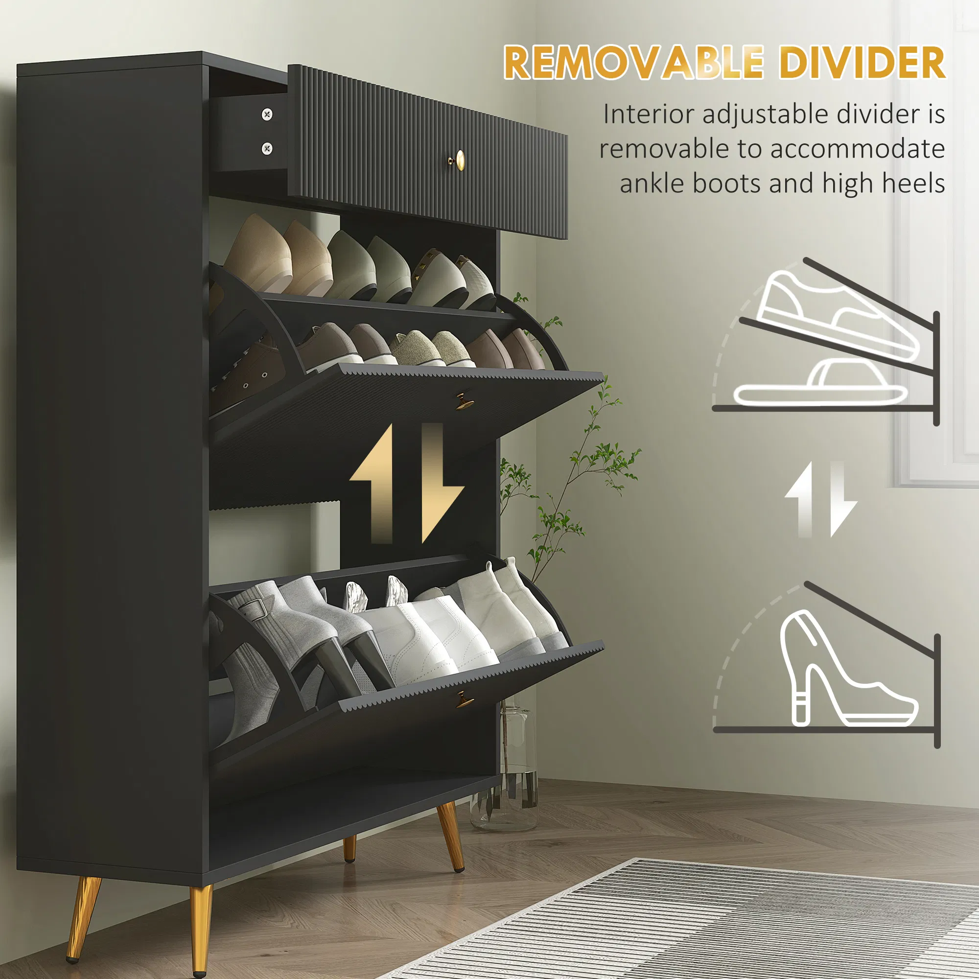 Narrow Shoe Storage Cabinet with Wave-like Panels and Adjustable Shelves for 12 Pairs of Shoes, Black photo 3