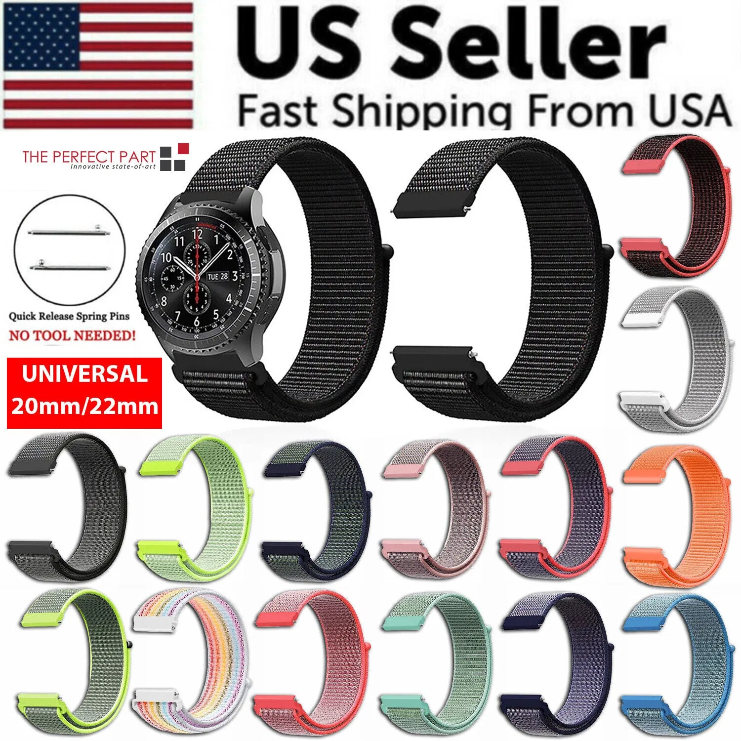20mm 22mm Woven Nylon Sport Loop Watch Band Strap Quick Release Spring Pins USA photo 7