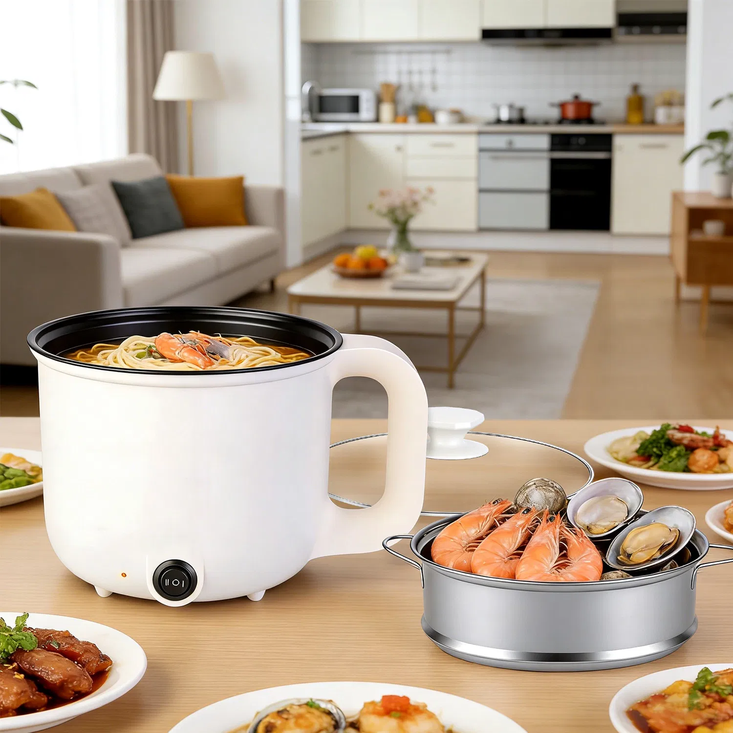Electric Hot Pot with Steamer 1.8L Mini Portable Hot Pot with 300W 600W Dual Power for Egg Fried Rice Ramen Oatmeal Soup Overheat Protection for College Dorm Room Essential photo 2
