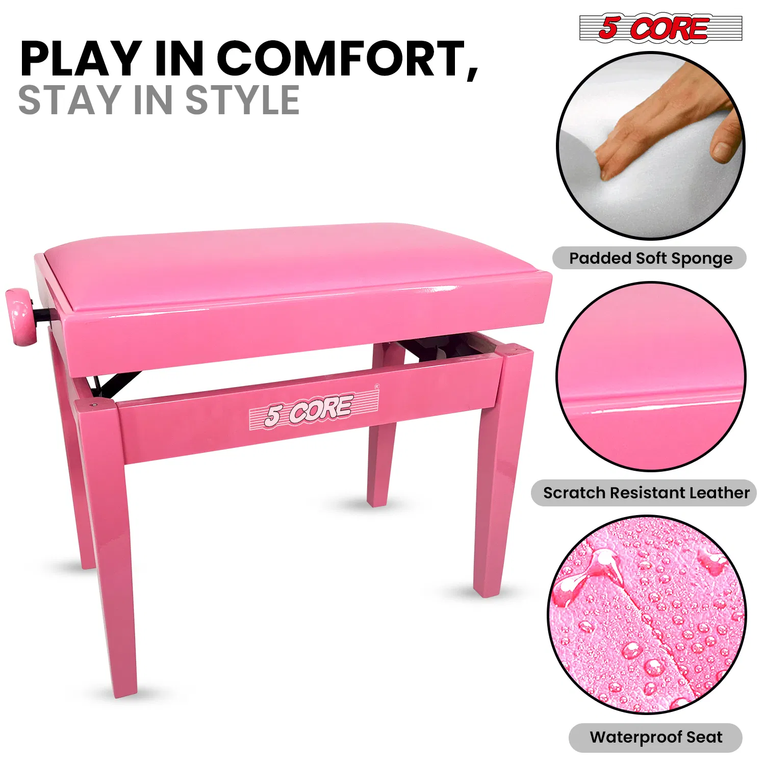 5 Core Adjustable Piano Bench Thick 3.25" Solid Wood Keyboard Stool Heavy Duty Musician Chair photo 2