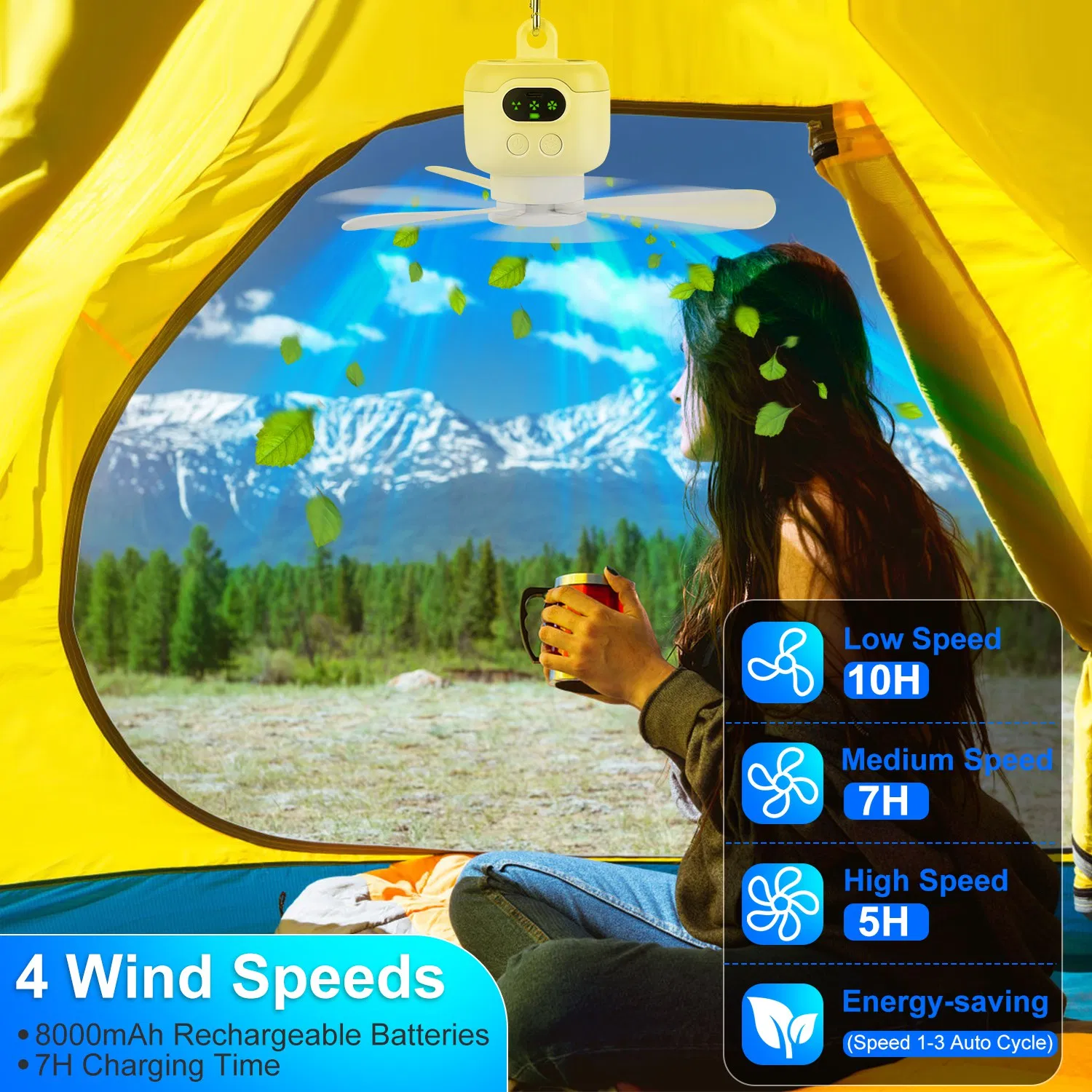 2 In 1 Portable Camping Fan with LED Lantern 8000mAh Battery Powered Tent Fan with Carabiner Digital Display 4 Speeds 4 Timer Settings for Camping Canopy Tents RV photo 5