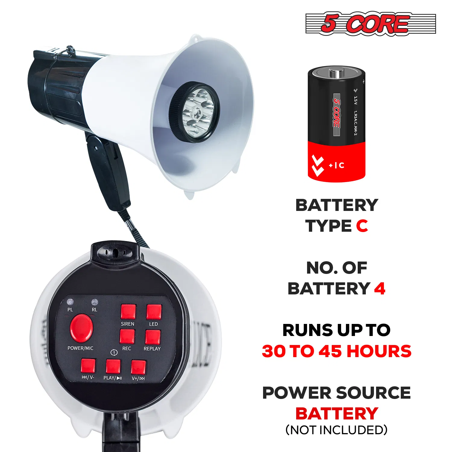 5 Core Megaphone 30W Bull Horn PA Speaker w 800 Yards Range Siren Loud Megafono for Sports & Coaches photo 5