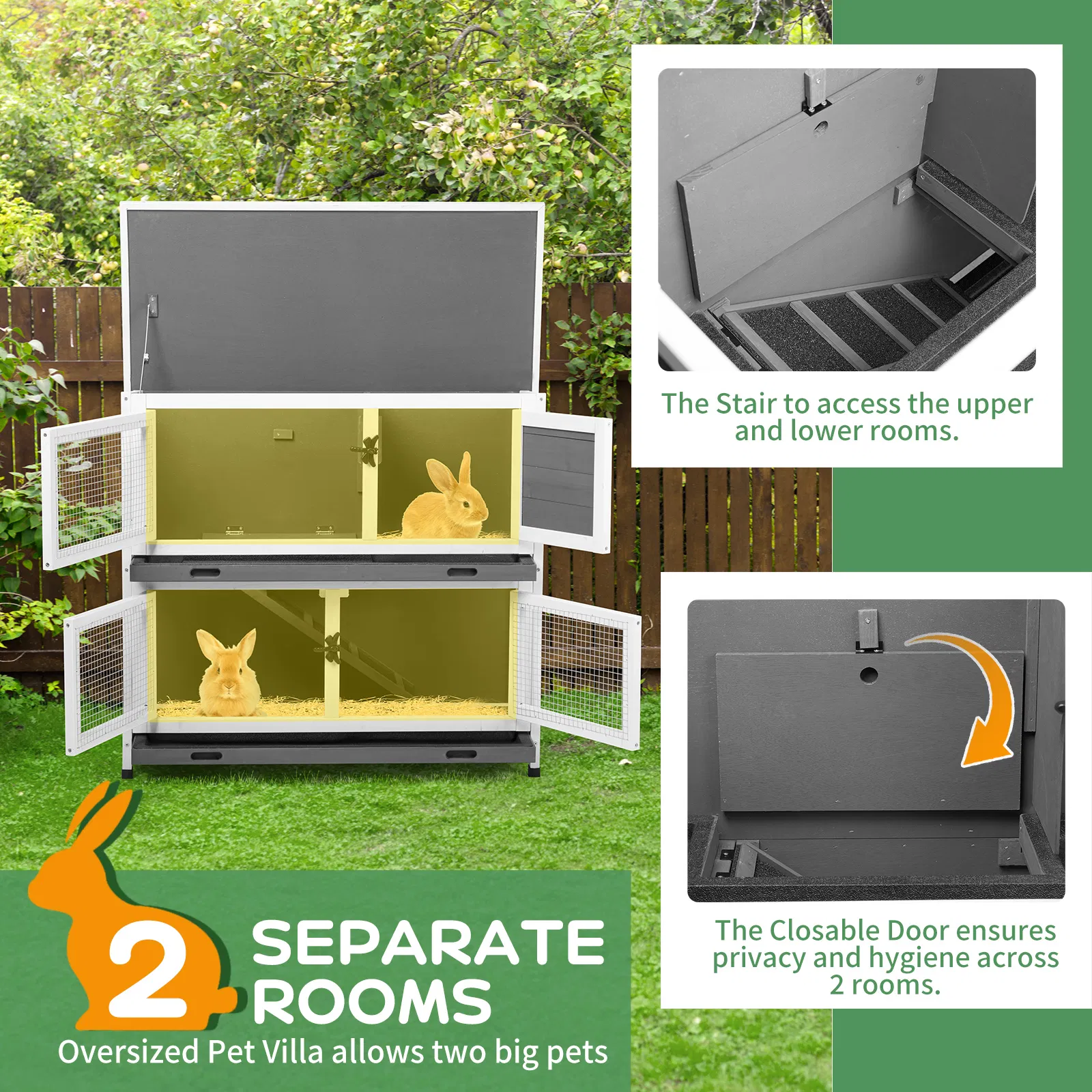 2 Story Solid Wood Rabbit Hutch Bunny Cage with 2 Large Main Rooms, Indoor Outdoor Rabbit House Guinea Pig Cage Pet House for Small Animals with 2 Removable Trays, Grey photo 8