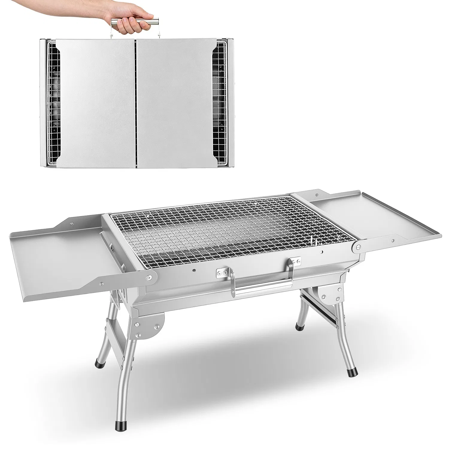 Foldable Charcoal Grill Portable BBQ Grill with Storage Shelf, Carry Handle, Air Vent Design, Chrome-Plated Grill Grate, 10 Skewers, Outdoor Barbecue Grill for Camping Picnic Backyard Travel photo 4