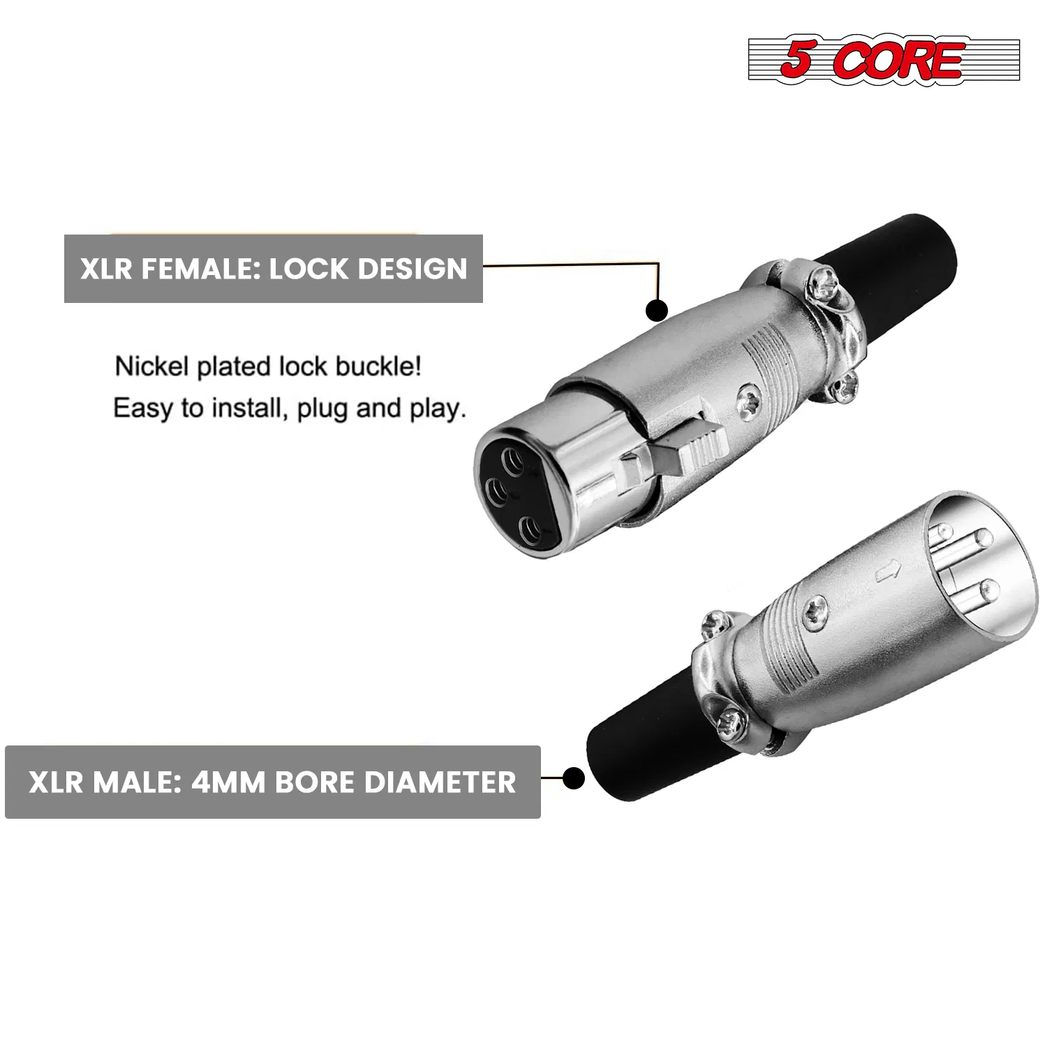 5Core XLR Connector Male Female to 1/4 Audio Jack 3 Pin Secure Mic Plug w Locking Ends photo 4