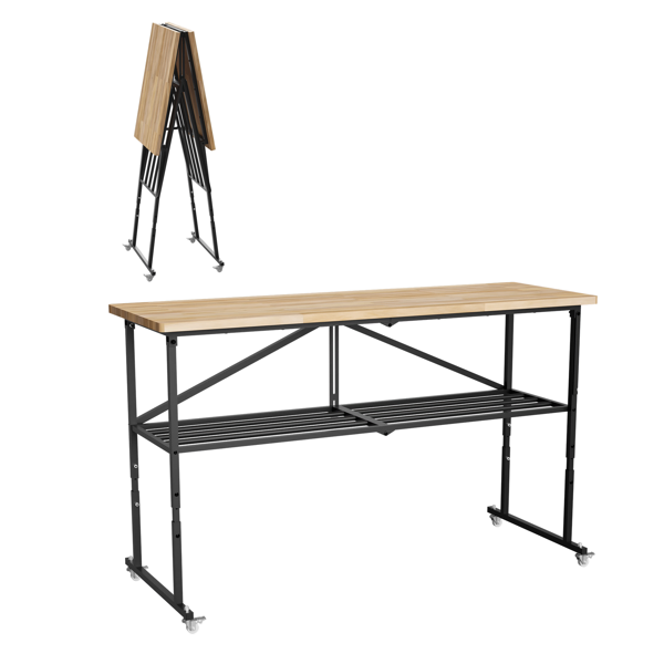 Foldable Hardwood Workbench Adjustable Wood-Top Utility Table with Locking Casters photo 1