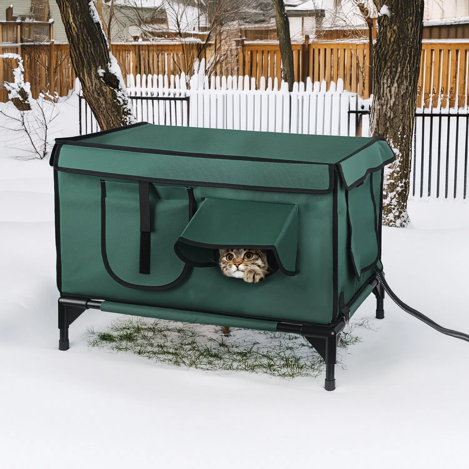 Waterproof Heated Cat House Outdoor Weatherproof Insulated Kitty Shelter Feral Cat Heating Bed with Heating Pad Anti-Chew Cord 2 Doors 3 Windows for Indoors Outdoors Winter Summer photo 6
