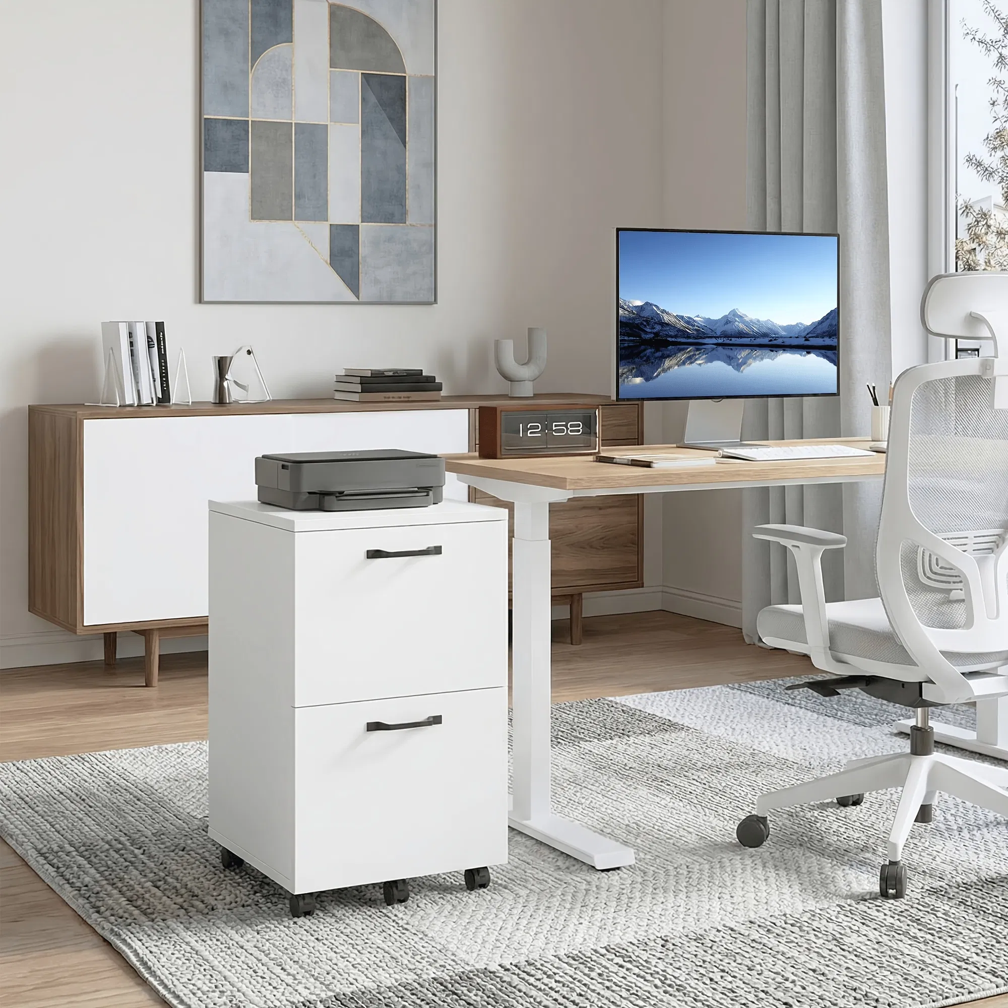 Living Room 2 Drawer Rolling Wood Filing Cabinet with Printer Stand Under Desk Storage Lockable Wheels Home Office Organizer photo 3