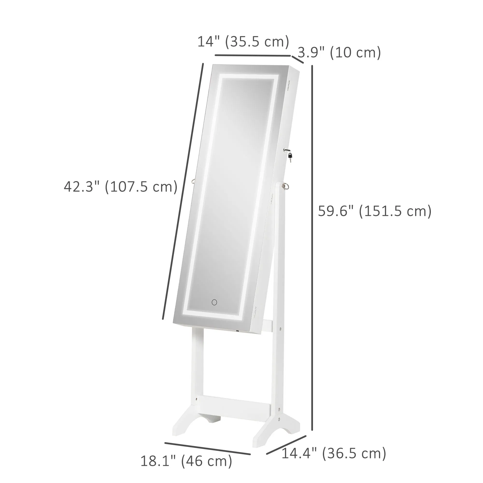 Lockable Jewelry Cabinet: With LED Light, Full-Length Mirror for Bedroom, Dressing Room, White photo 6