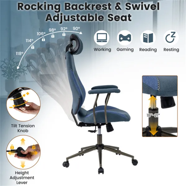 Blue Color Blocking Office Chair with 2D Adjustable Headrest, Ergonomic High-Back Desk Chair 330 lbs Capacity photo 5