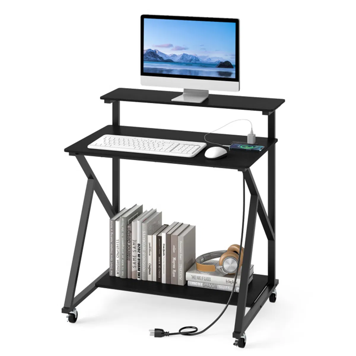 Black Rolling Computer Desk with Power Strip 32" Mobile Office Desk with Monitor Stand photo 7