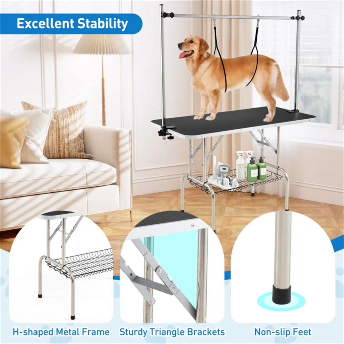 Foldable Pet Grooming Table with Adjustable H-shaped Arms, 330 LBS Capacity for Small-Large Dogs photo 3