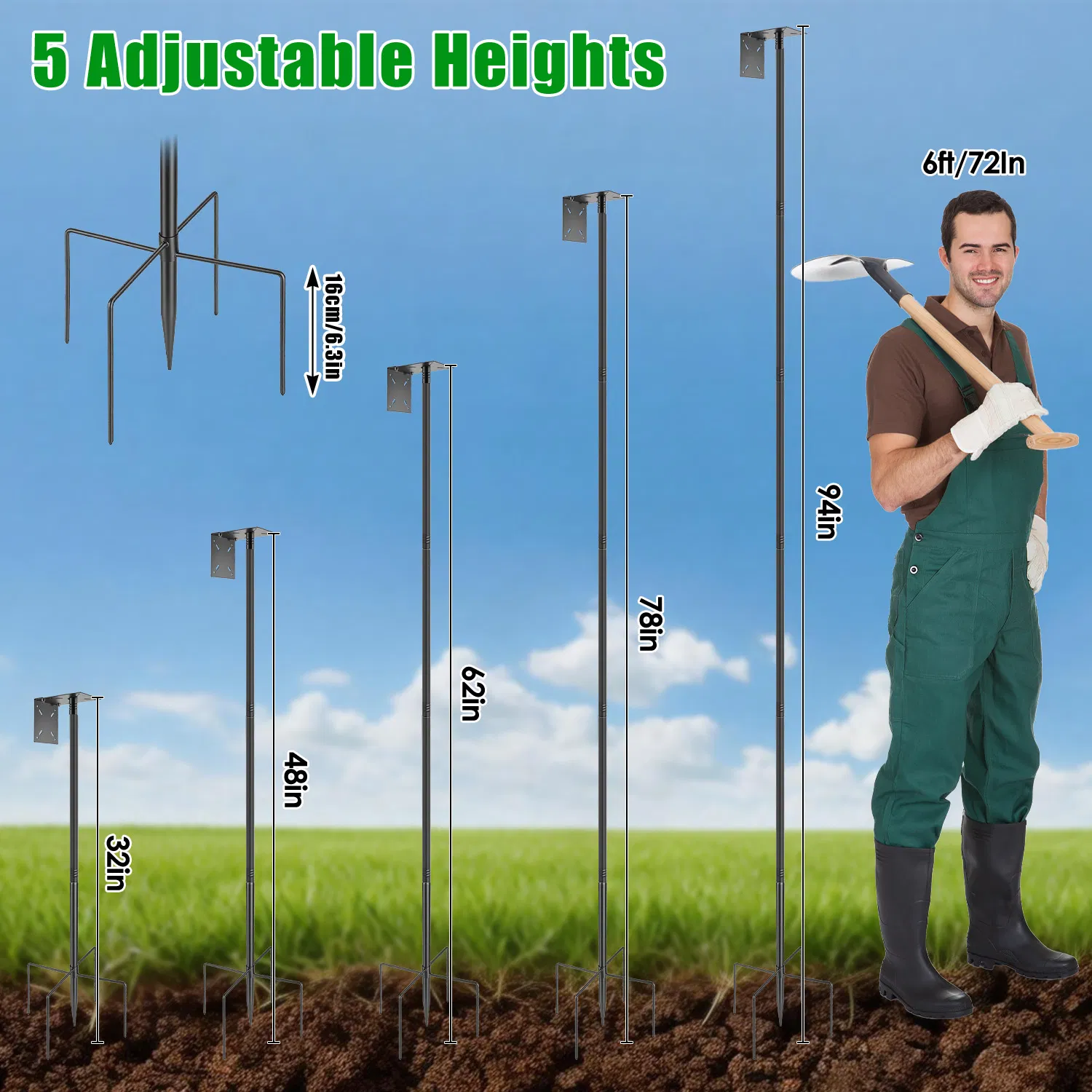 94Inch Squirrel Proof Bird Feeder Pole Heavy-Duty Bird House Pole Outdoor Bird Feeding Station with 5 Adjustable Heights 4 Shepherd Hooks Top & Side Mount Brackets 5-Pronged Base photo 5