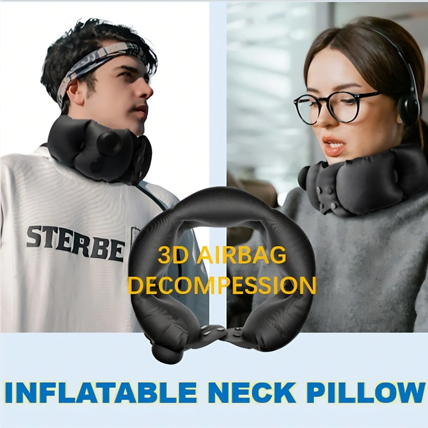 Inflatable neck pillow, adjustable in softness, made of skin-friendly material, providing extremely comfortable neck protection during travel. photo 1